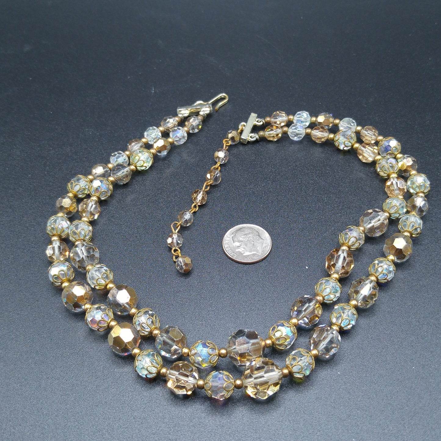 Clear Gold Crystal Beaded Necklace, Mid-Century Two Strands, 1960s Vintage Jewelry