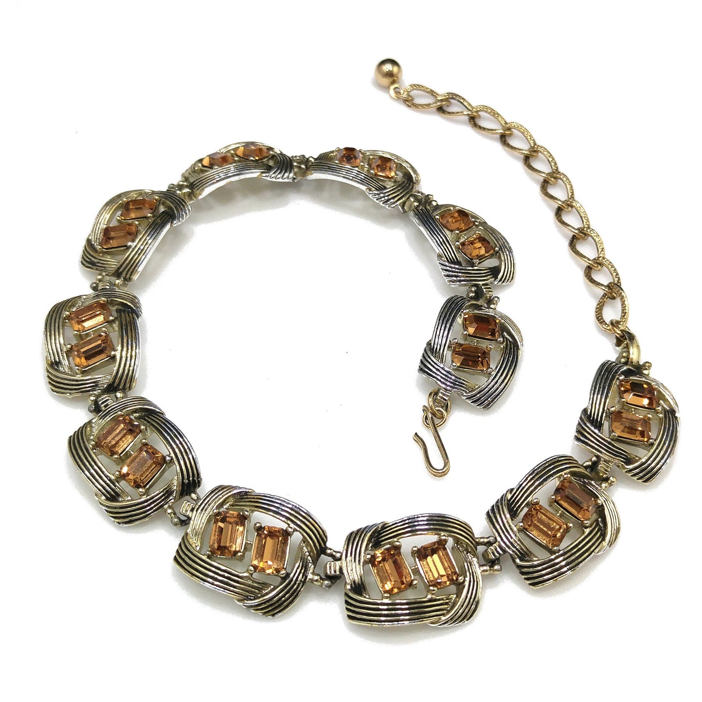 Kramer Topaz Rhinestone Choker Necklace, Gold Plated Black Enamel, 1950s Vintage Jewelry