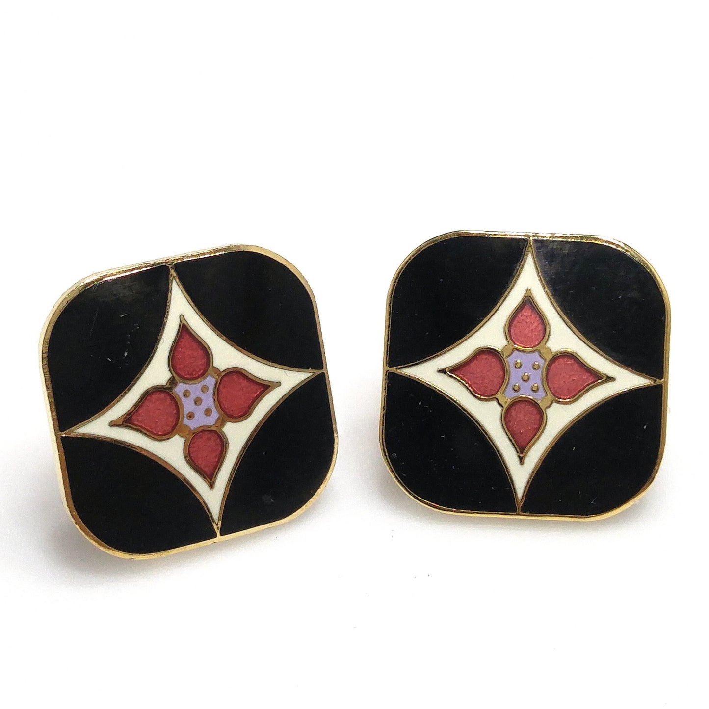 Vintage Laurel Burch "Minya" Post Earrings, Gold Plated, Enamel Cloisonne, 1980s