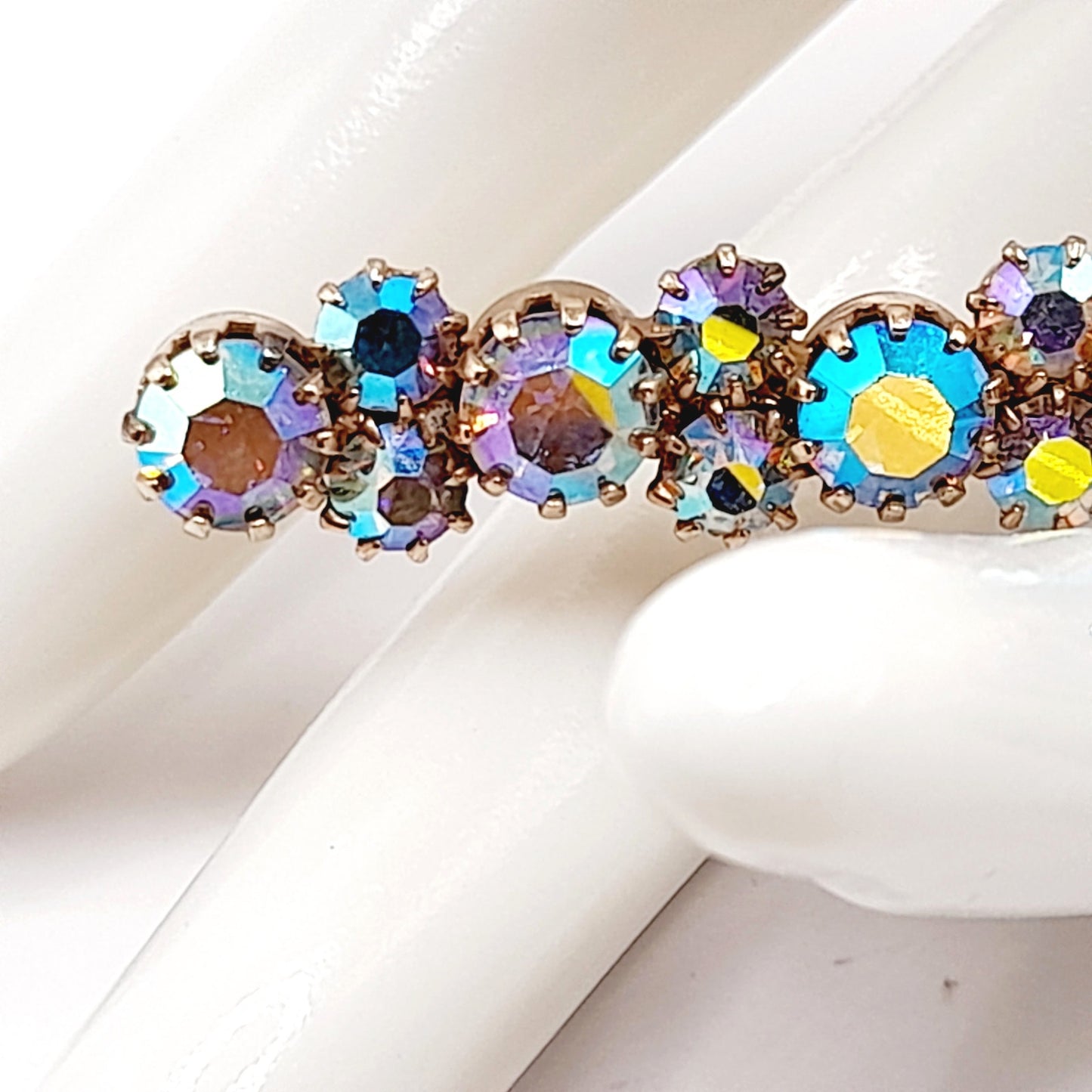 Vintage Aurora Borealis Rhinestone Bar Pin, Gold Plated Backing, Prong Set, 3 1/2 Inch