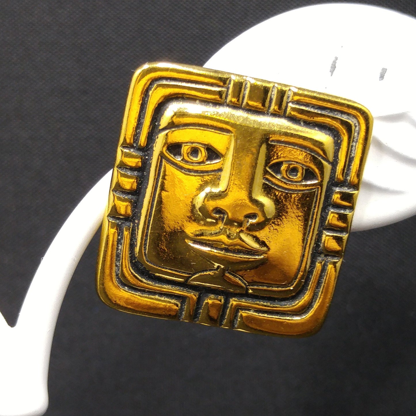 Vintage Laurel Burch Aztec Face Post Earrings, Gold Plated