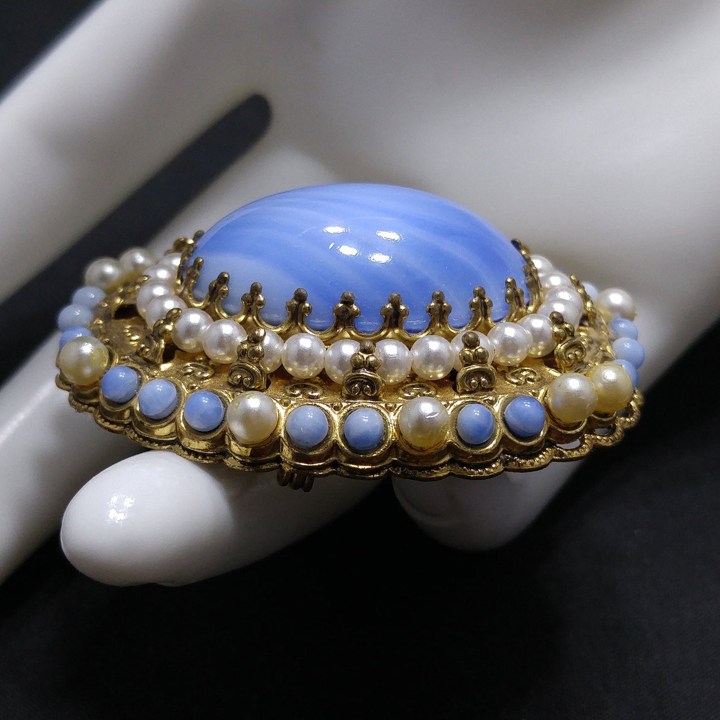 West Germany Blue Glass Filigree Brooch, Faux Pearls, 1950s Vintage Jewelry