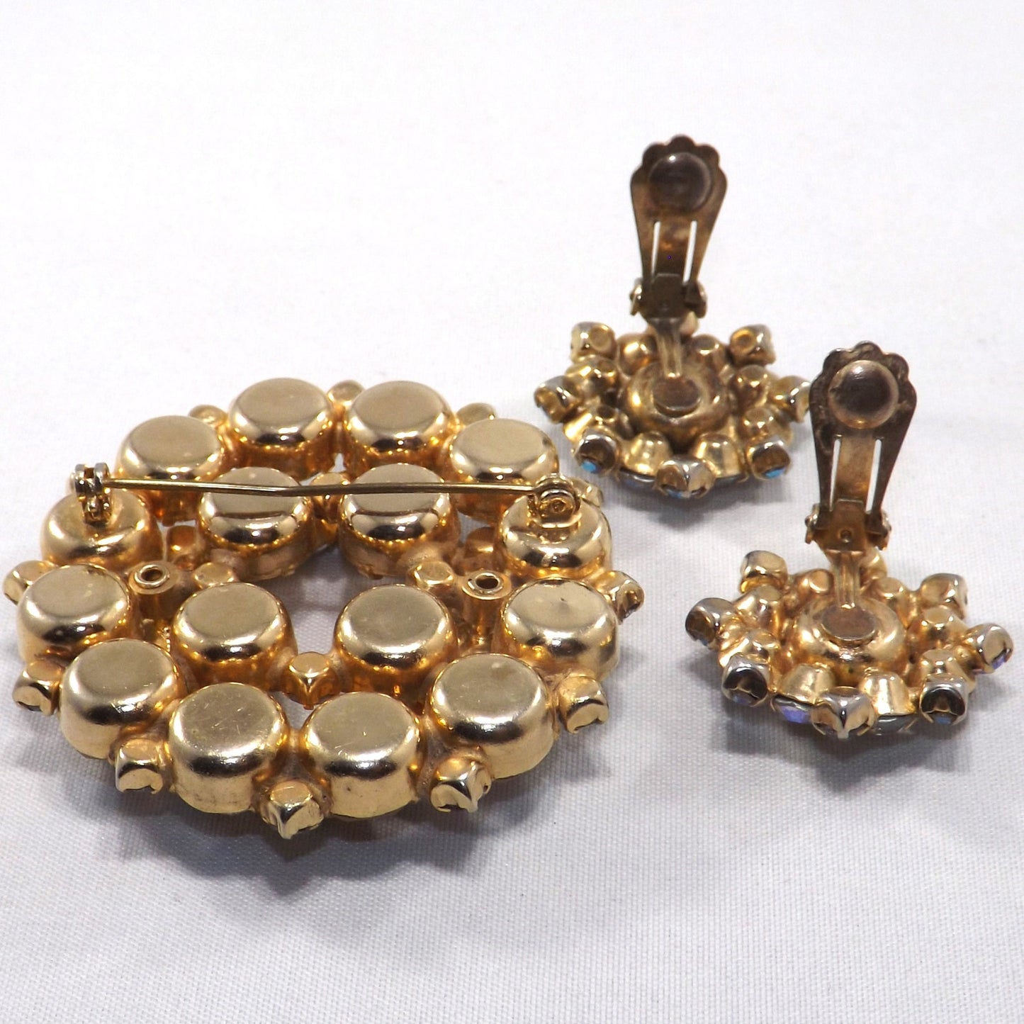 Vintage Unsigned Juliana or Weiss Brooch Earrings Set, Gold Plated, 1960