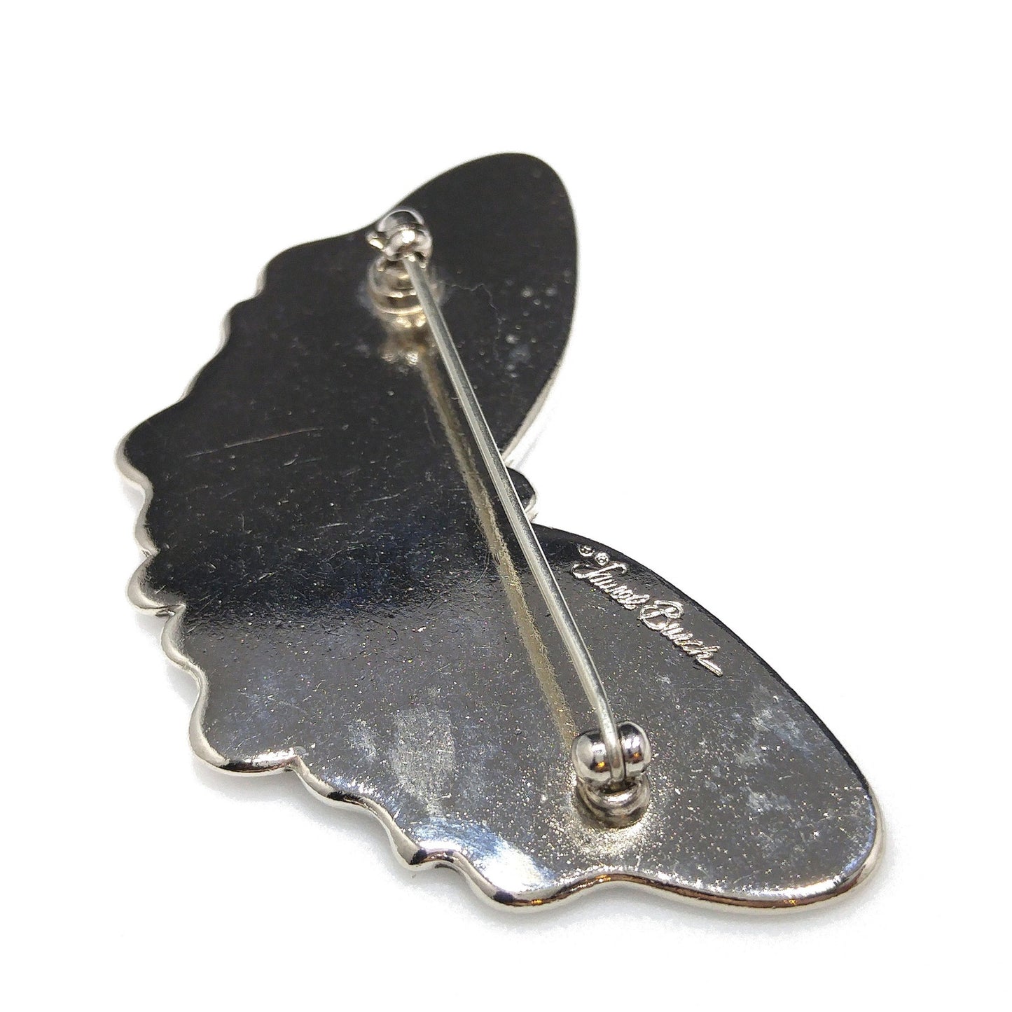 Laurel Burch Butterfly Brooch, Rhodium Plated, Black Enamel, 1980s Vintage Jewelry