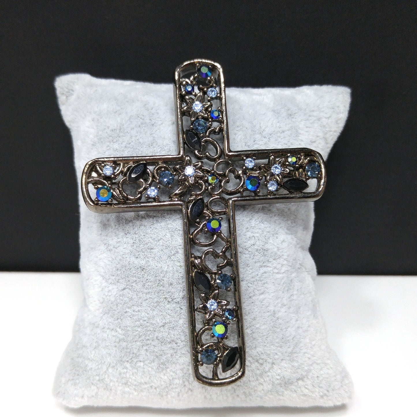 Givenchy Large Cross Brooch, Aurora Borealis Blue Rhinestones, 1990s Vintage Jewelry