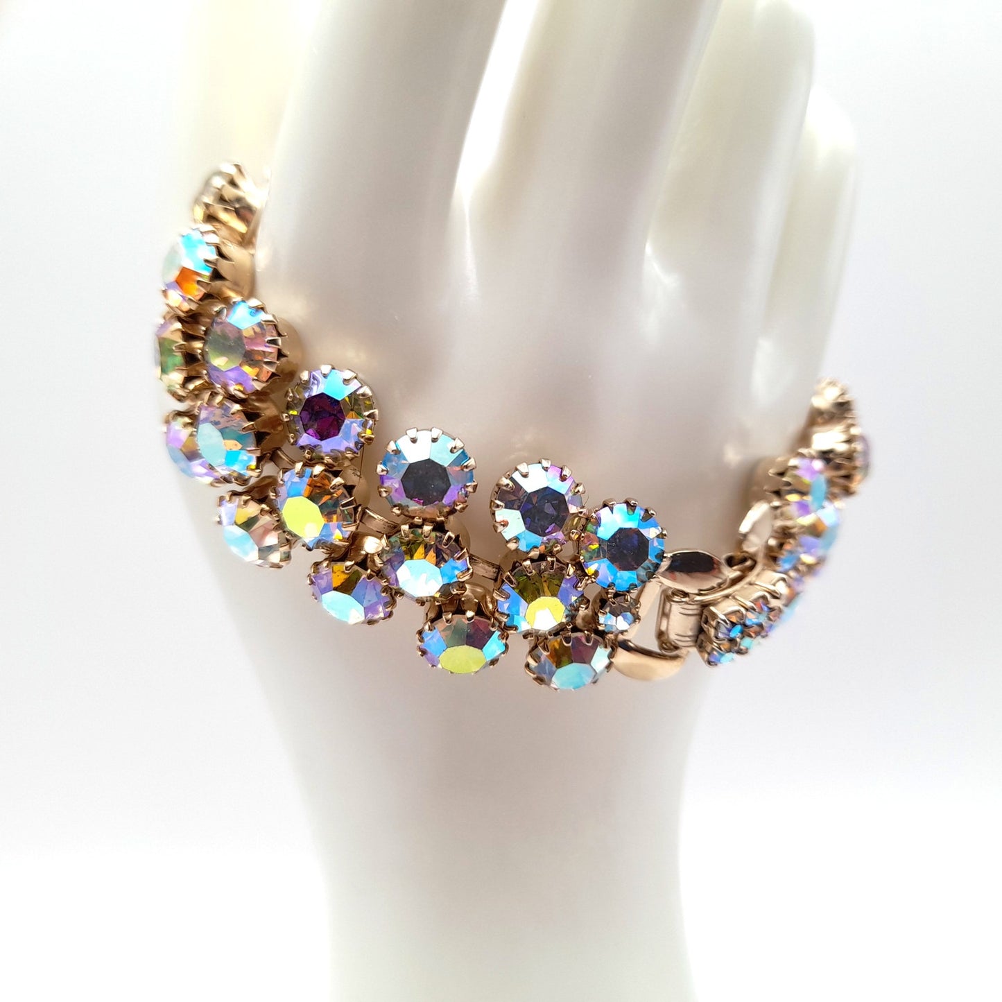 Vintage Weiss Aurora Borealis Rhinestone Bracelet Gold Plated