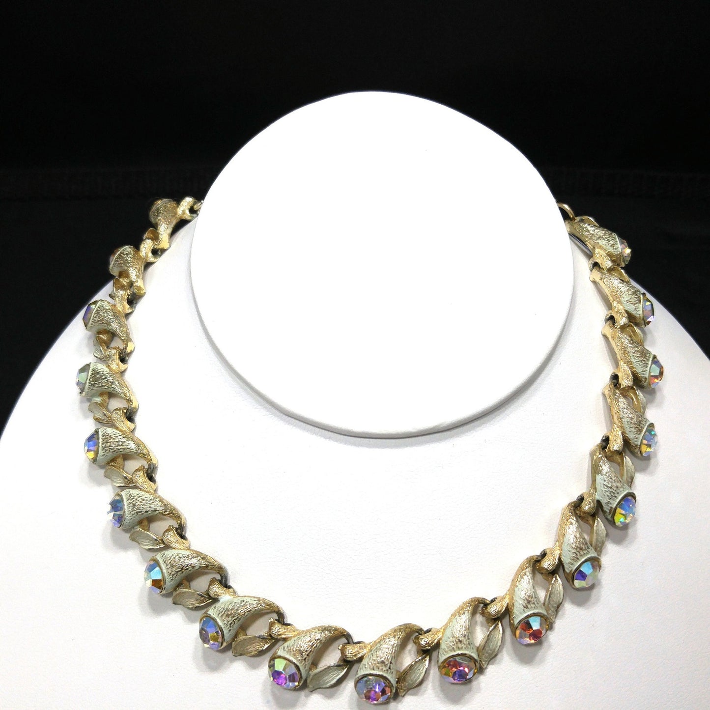 Brushed Gold Tone White Enamel Choker Necklace, Aurora Borealis Rhinestones, 1960s Vintage Jewelry