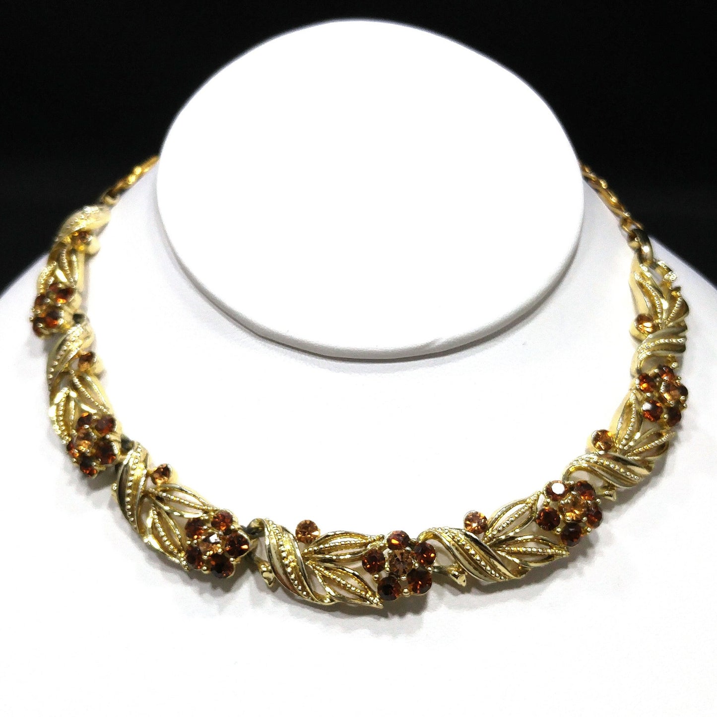 Lisner Topaz Rhinestone Floral Choker Necklace, Gold Plated, 1950s Vintage Jewelry