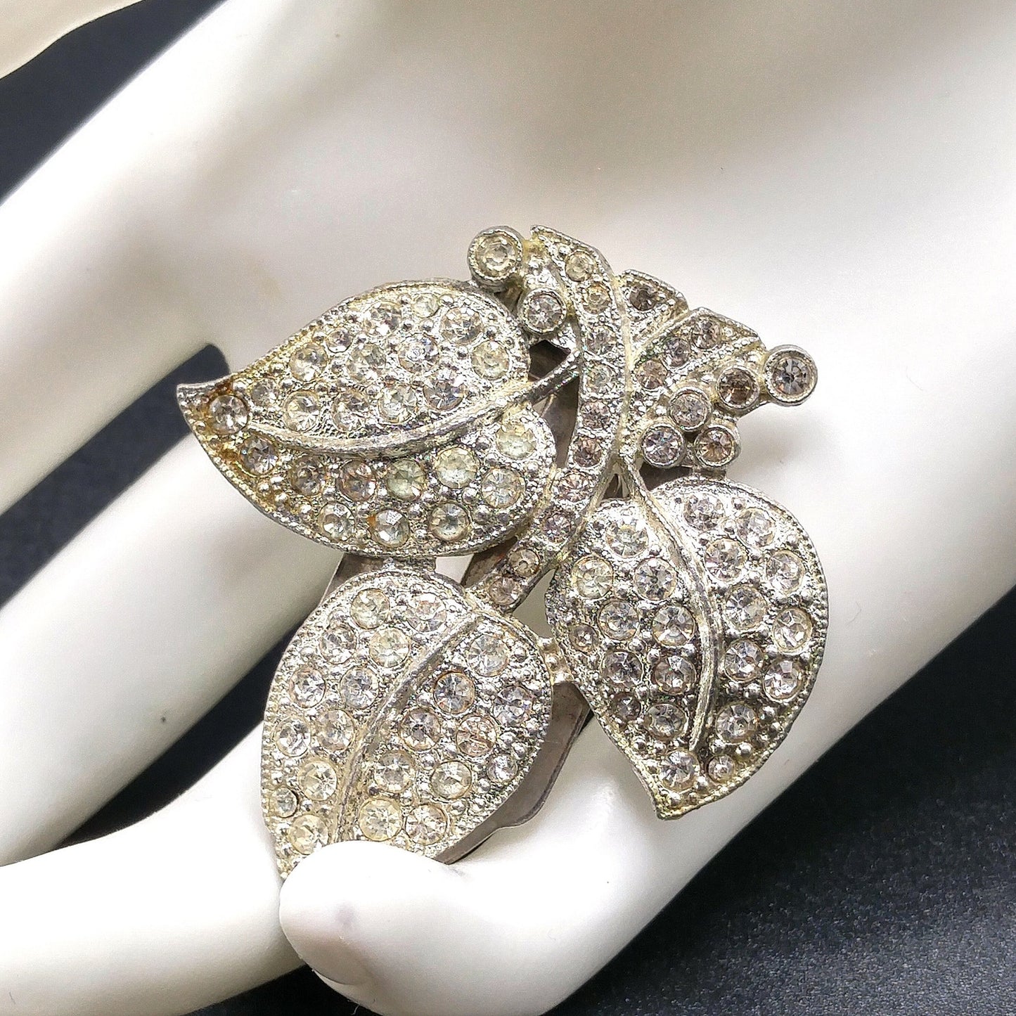Leaves Clear Rhinestone Dress Clip, Pot Metal, 1930s Vintage Jewelry