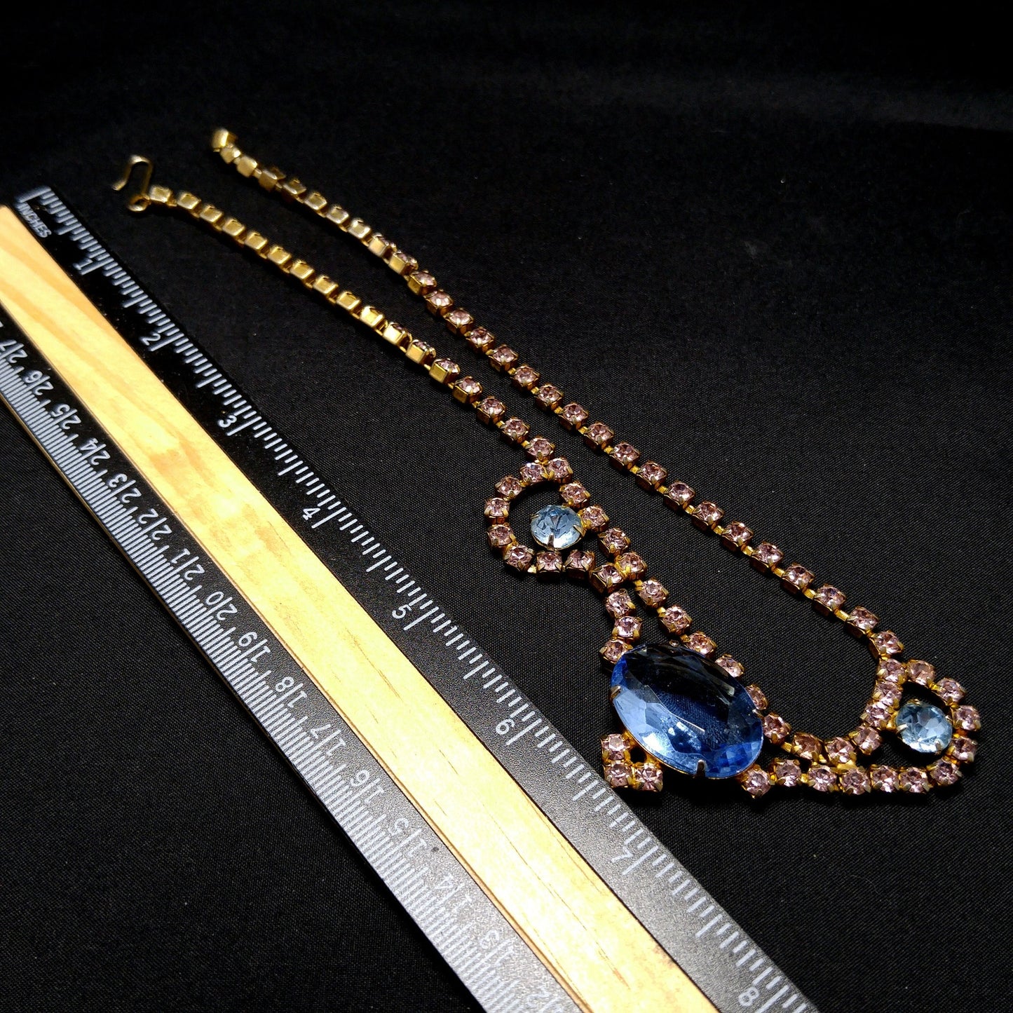 Large Blue & Pink Rhinestone Necklace, Gold Plated, 1950s Vintage Jewelry