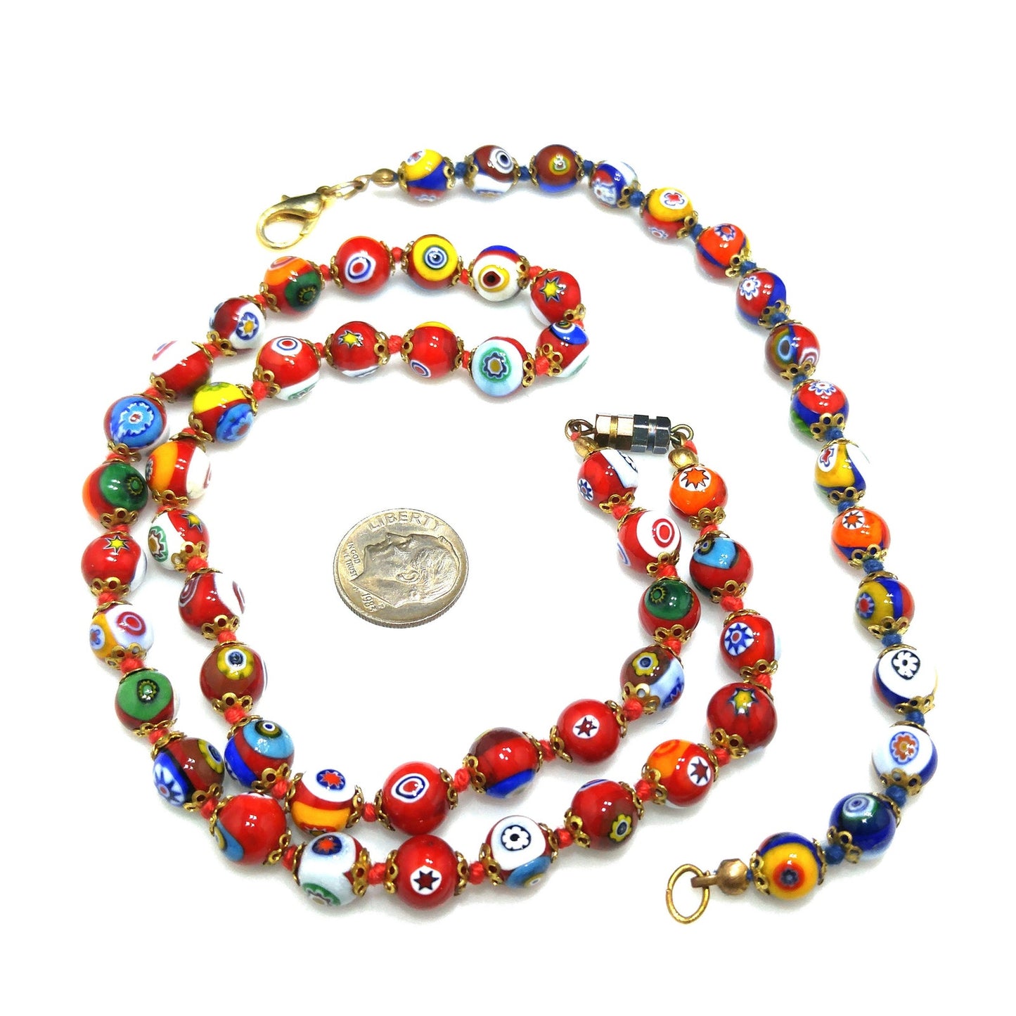 Murano Millefiori Beaded Necklace Bracelet Set, Hand Blown Glass, Hand Knotted in Red, 1950s Vintage Jewelry