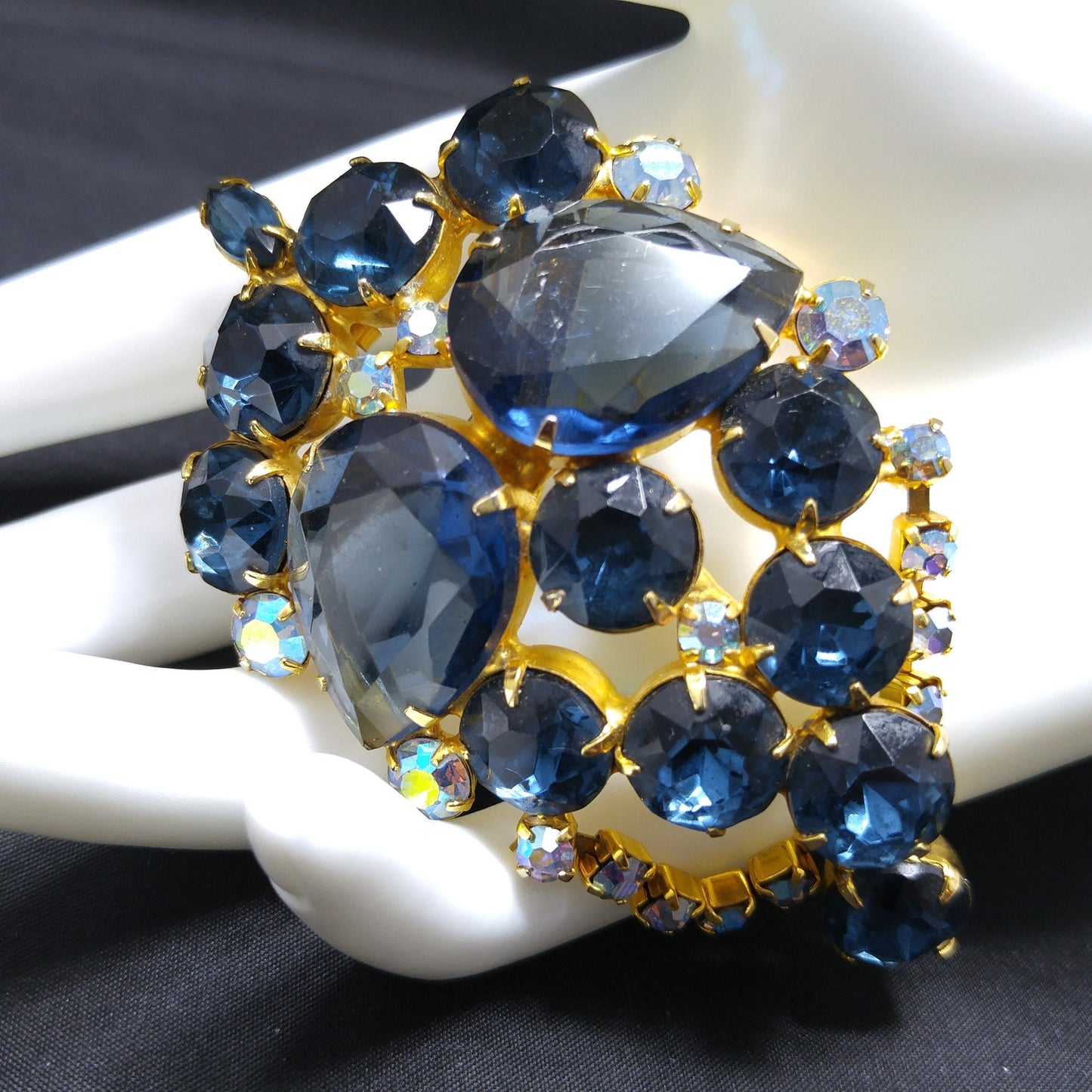 Large Blue Rhinestone Brooch & Pendant, Gold Plated, 1960s Vintage Jewelry