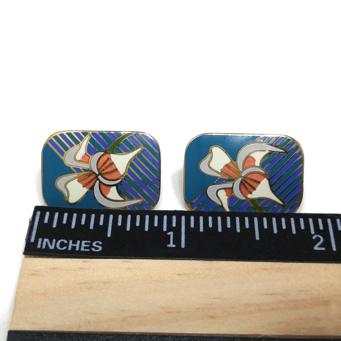 Vintage Laurel Burch "Iris" Clip On Earrings, Gold Plated Cloisonné Enamel, 1980