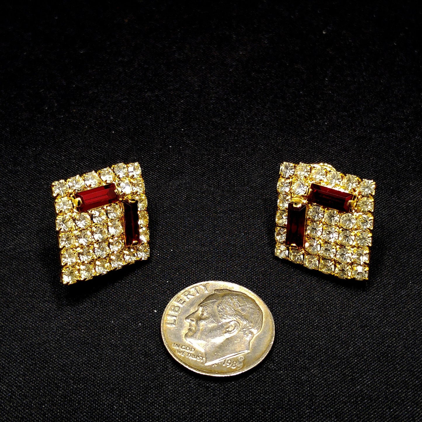 Hobe' Designer Red Clear Rhinestone Clip Earrings, Gold Plated, 1960s Vintage Jewelry