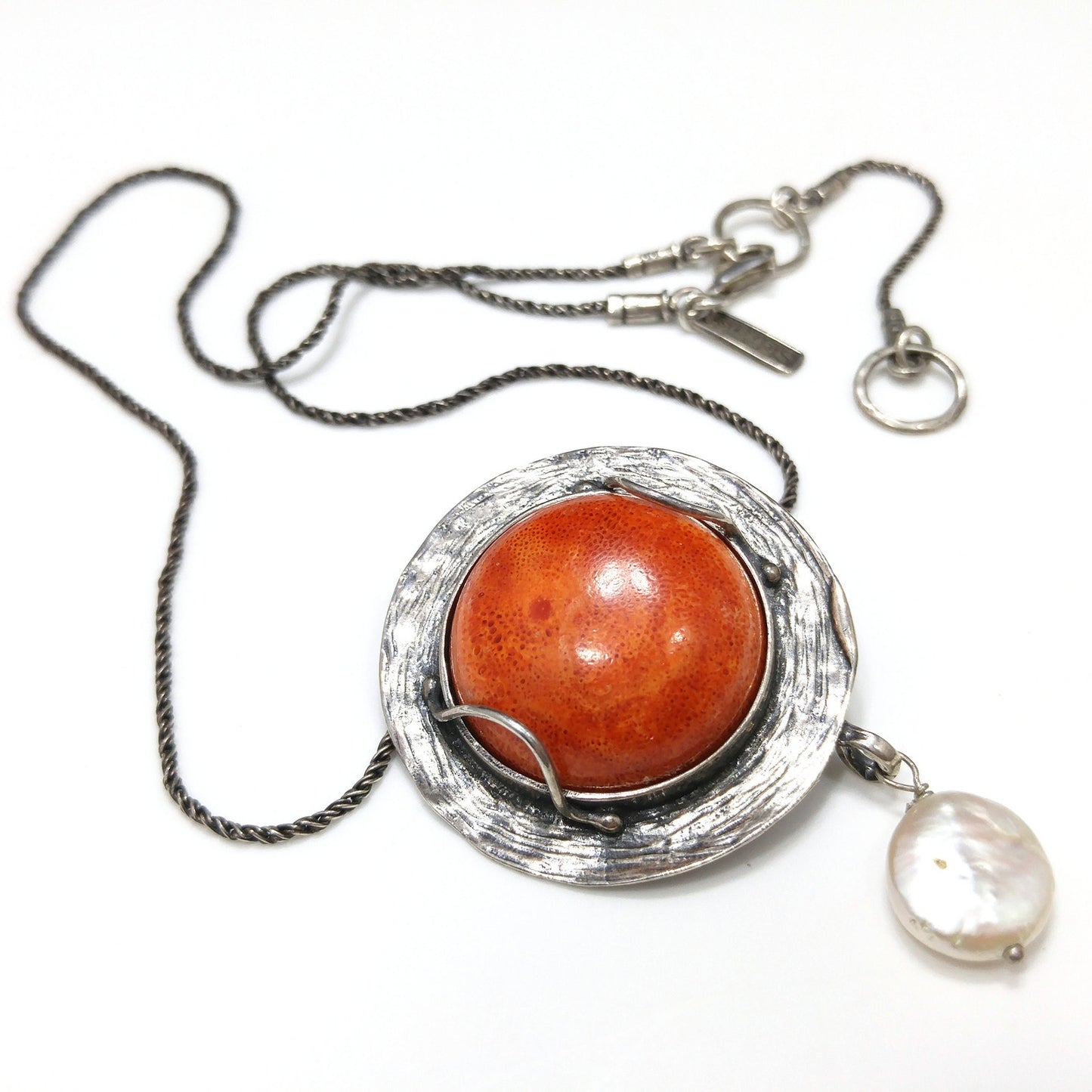 Sterling Silver Israel Artisan Pendant Necklace, Faux Pearl Dangle, 1990s Vintage Jewelry