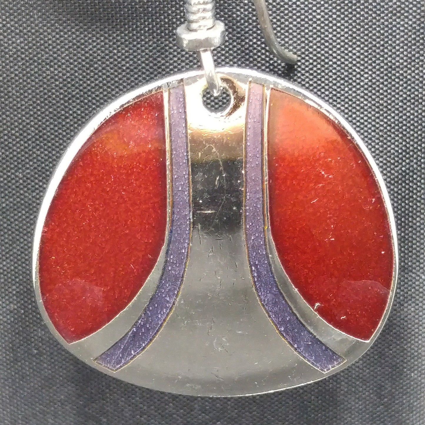 Vintage Laurel Burch Red Metallic Purple Silver Earrings, Rhodium Plated