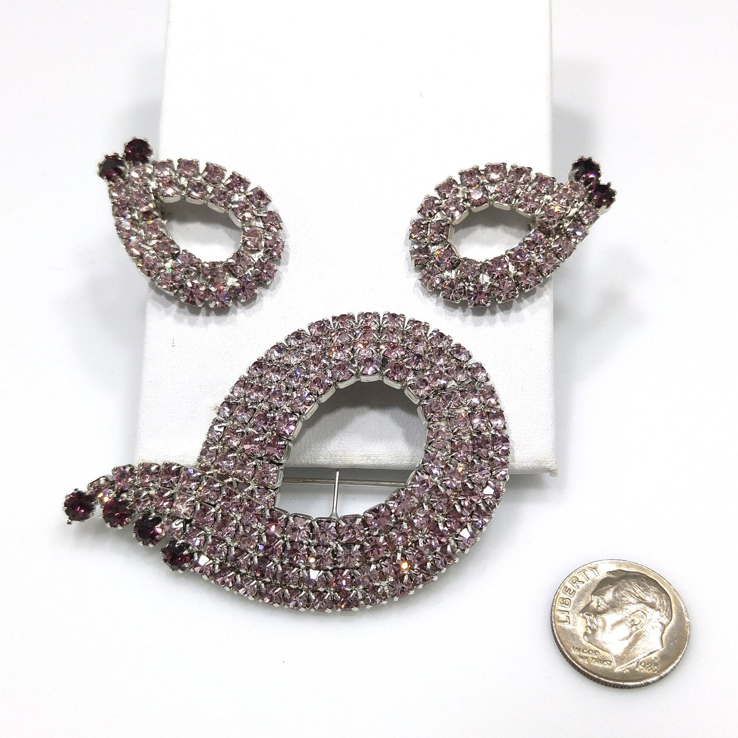 Purple Lavender Rhinestone Brooch & Earrings Set, Mid Century Modern, Rhodium Plated, 1960s Vintage Jewelry