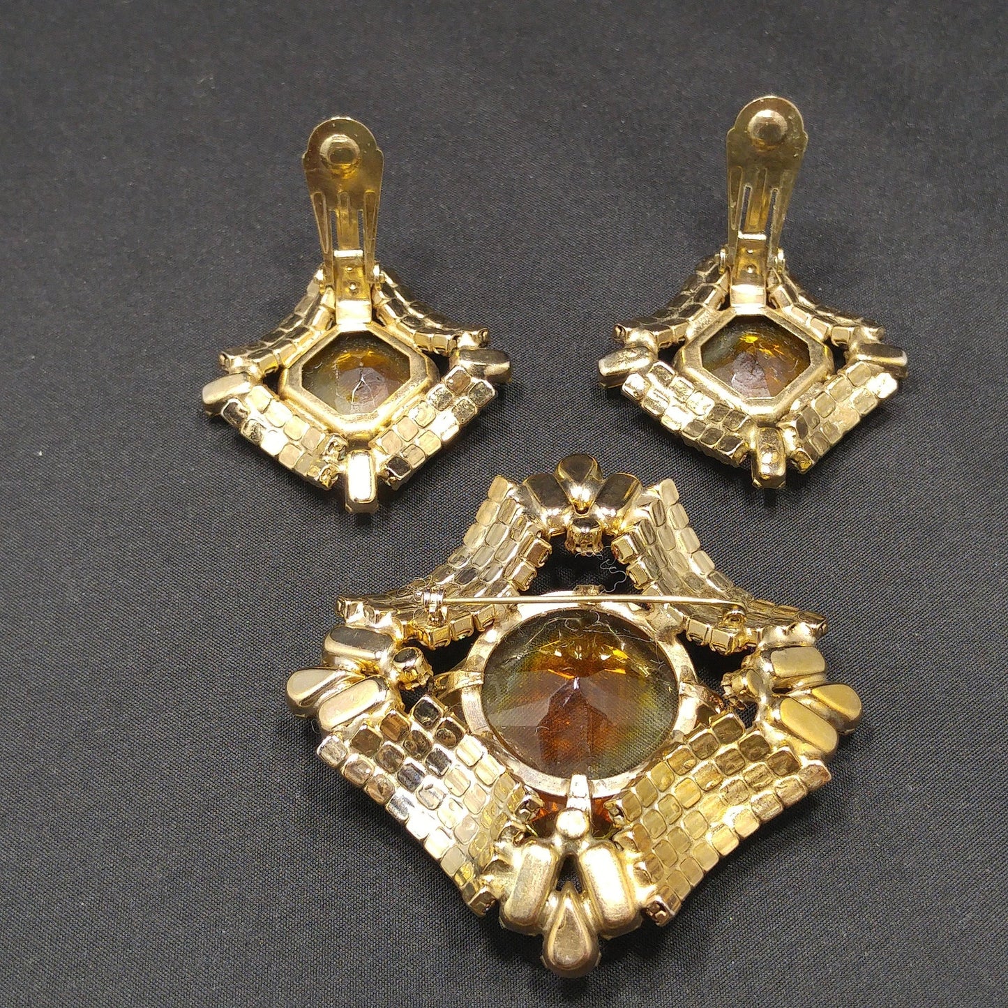 Mid-Century Modern Large Topaz Glass Brooch & Earrings, Gold Plated, 1960s Vintage Jewelry