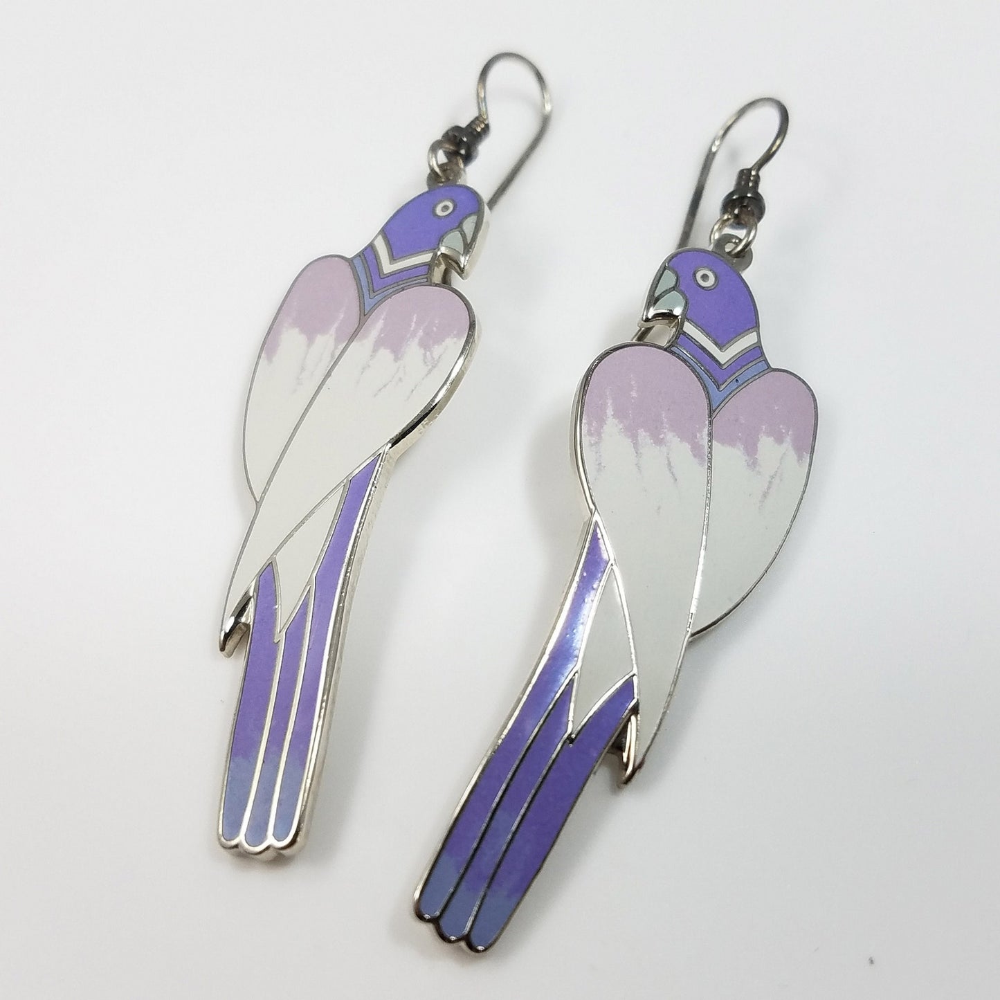 Laurel Burch "Cezanne" Parrot Earrings, Purple Lavender Cream Gray Enamel, Rhodium Plated Cloisonne Parrots, 1980s