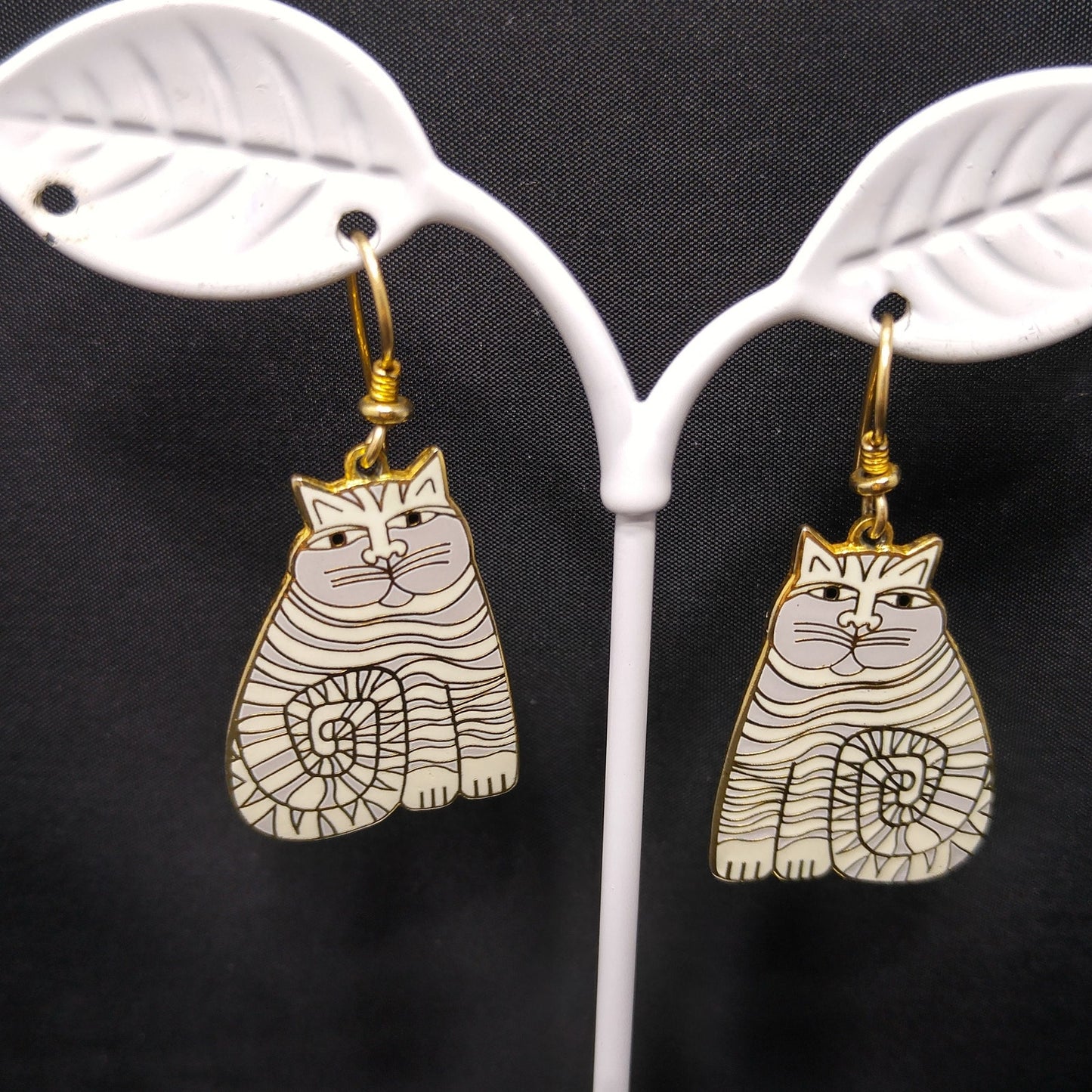 Laurel Burch Shambala Cat Earrings, White Gray Enamel, Gold Plated, 1980s Vintage Jewelry