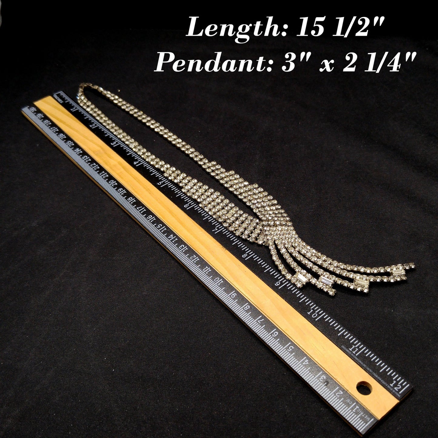 Vintage 1950s Rhinestone Statement Necklace – Five Strand Fringe Drop – Clear Crystal Bridal Jewelry