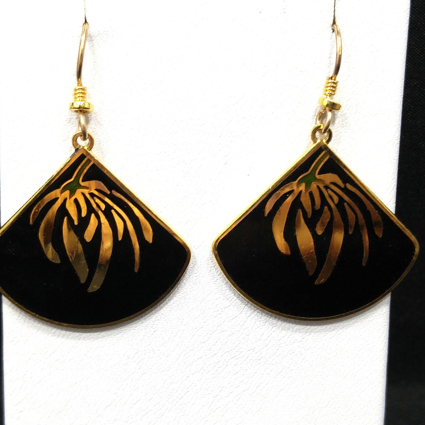 Laurel Burch Floral Earrings, Gold Plating, Black Enamel, Willow Fan, 1980s Vintage Jewelry