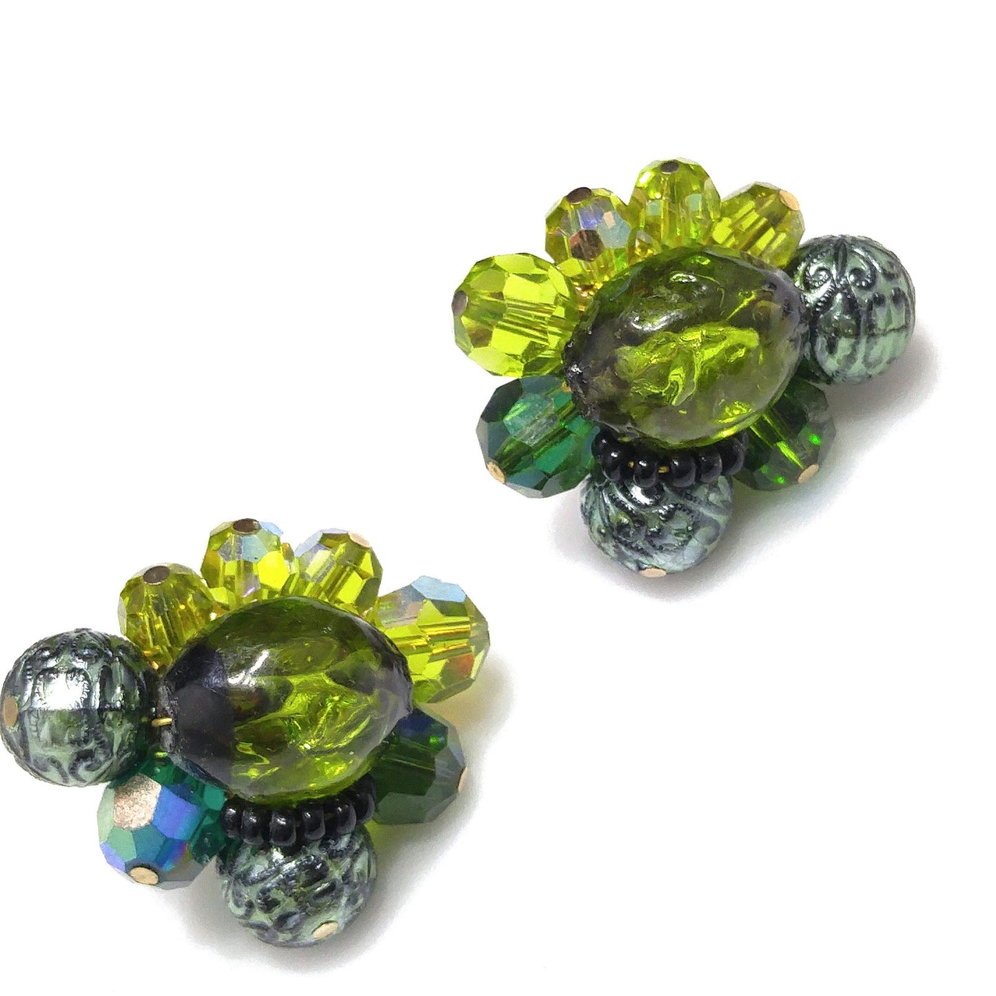 Vendome Green Beaded Earrings, Art Glass Aurora Borealis Beads, 1960s Vintage Jewelry