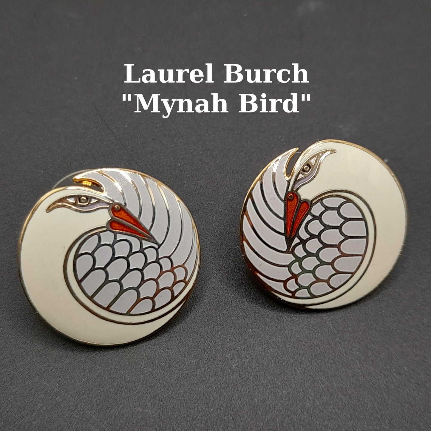 Vintage Laurel Burch Mynah Bird Earrings, Cream Orange Enamel, Gold Plated, 3/4 Inch