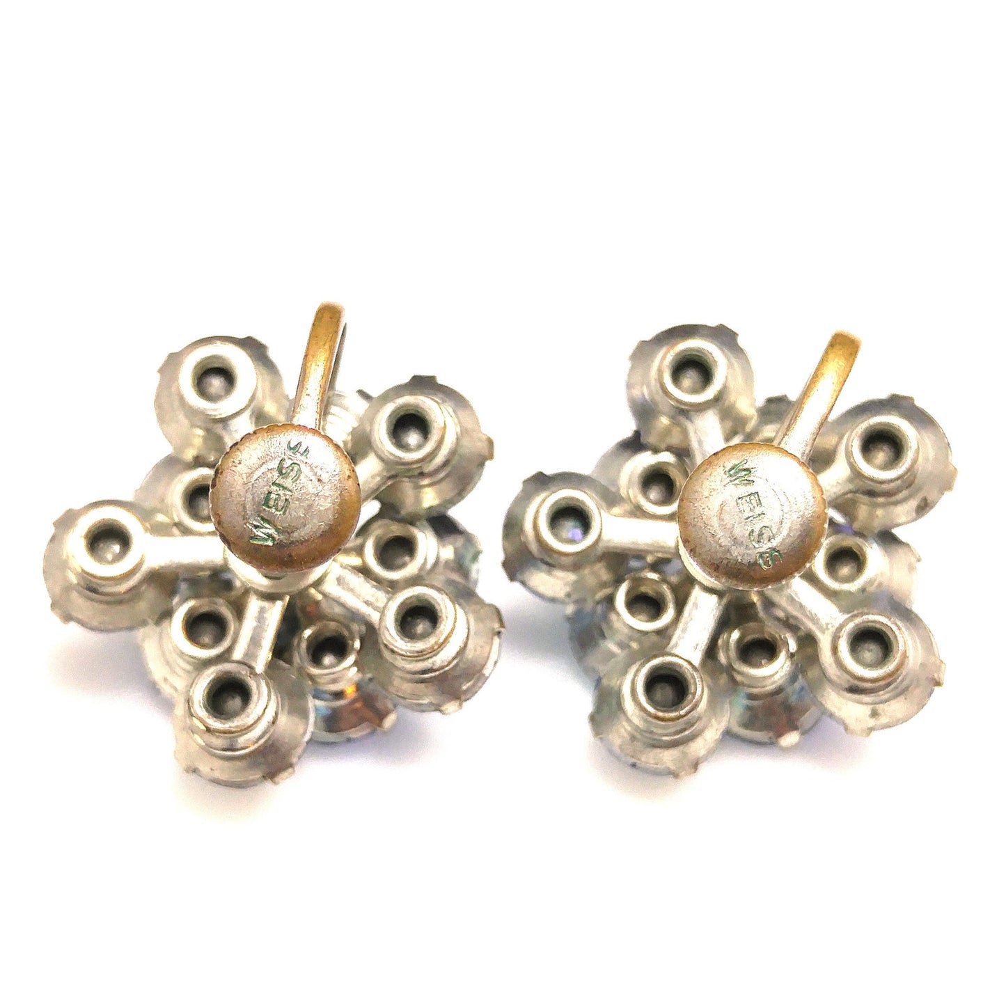 Weiss Blue Aurora Borealis Earrings, Screw Back Gold Plated, 1950s Vintage