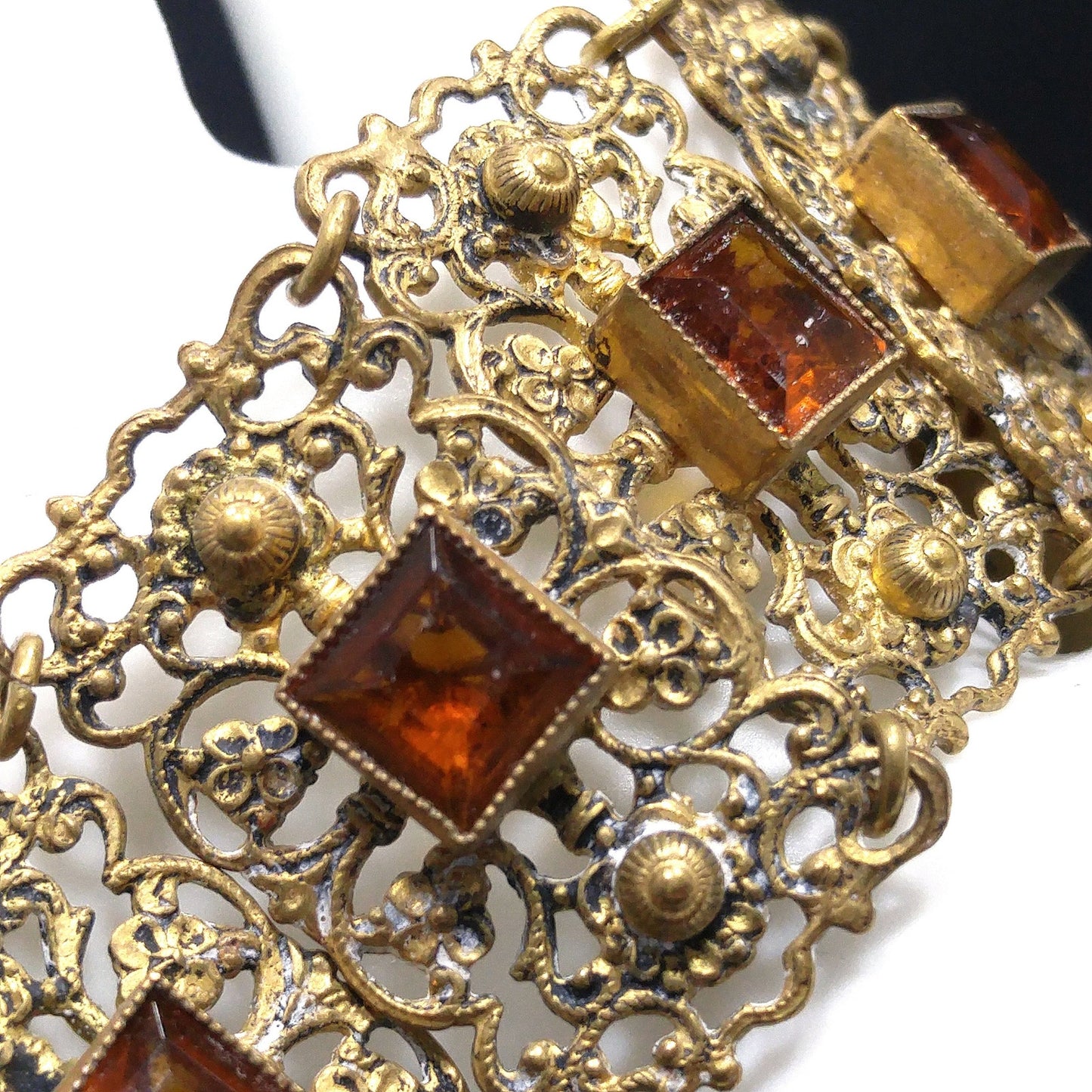 Vintage Filigree Topaz Glass Link Wide Bracelet, Built in Hook On Back, Antique 1920s Vintage Jewelry
