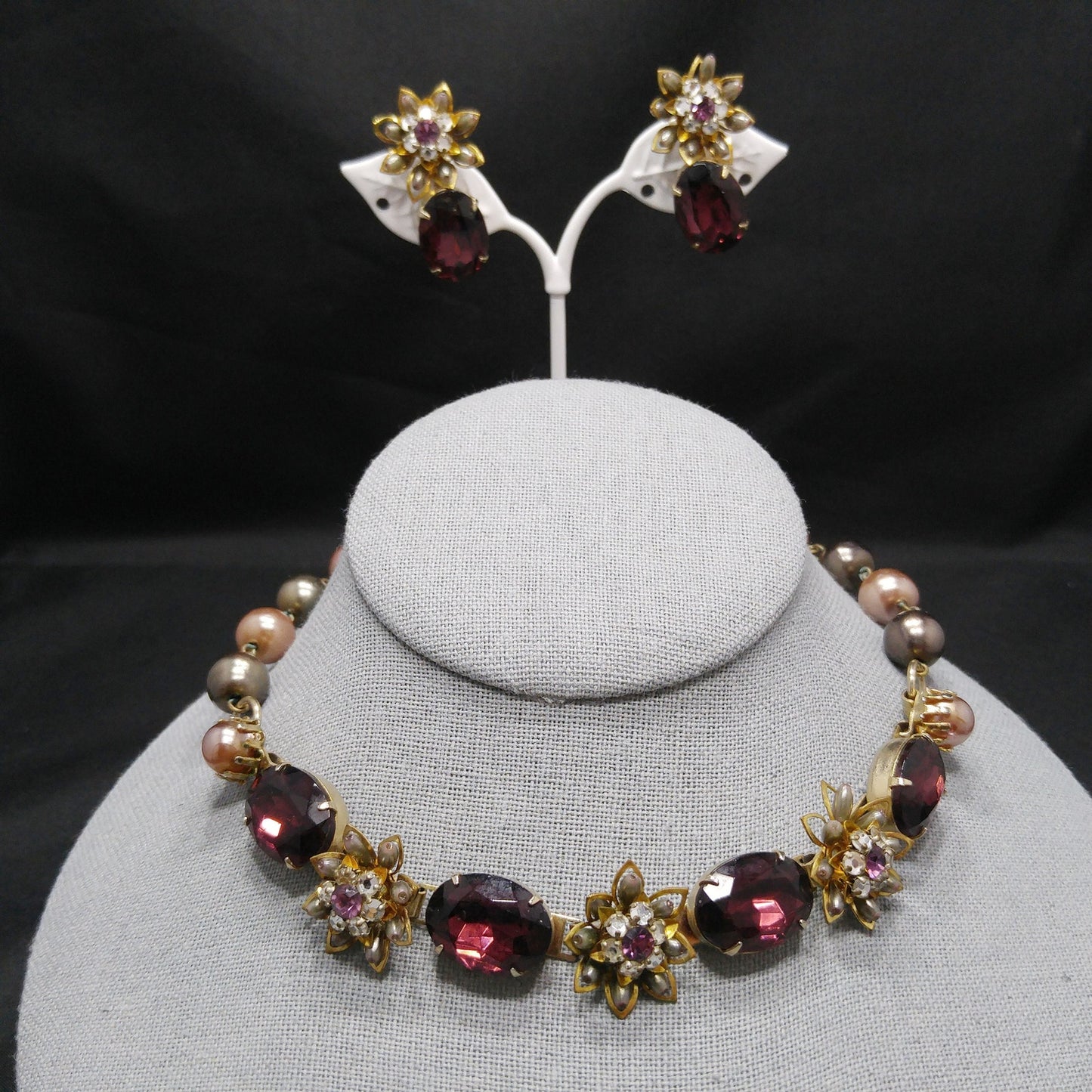 Purple Rhinestone Floral Necklace Earrings, Faux Pearls, 1950s Vintage Jewelry
