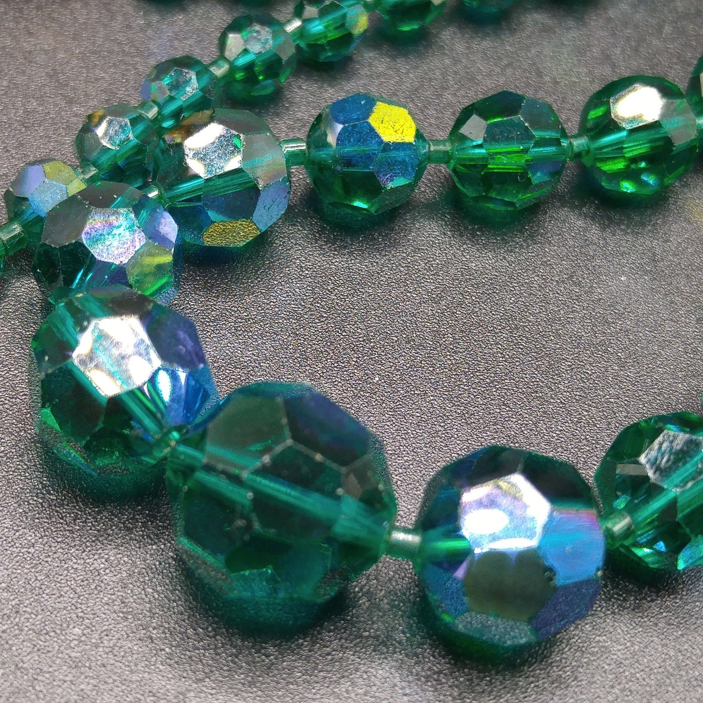 Dark Green Crystal Necklace, Aurora Borealis, Rhinestone Clasp, 1960s Vintage Jewelry