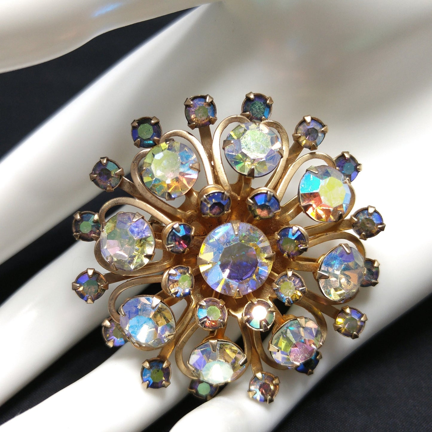 Aurora Borealis Rhinestones Brooches, Mid Century, 1950s Vintage Jewelry