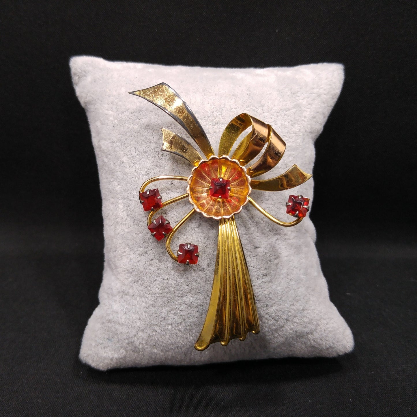 Gold Filled Bow Flower Brooch, Red Rhinestones, 1940s Vintage Jewelry