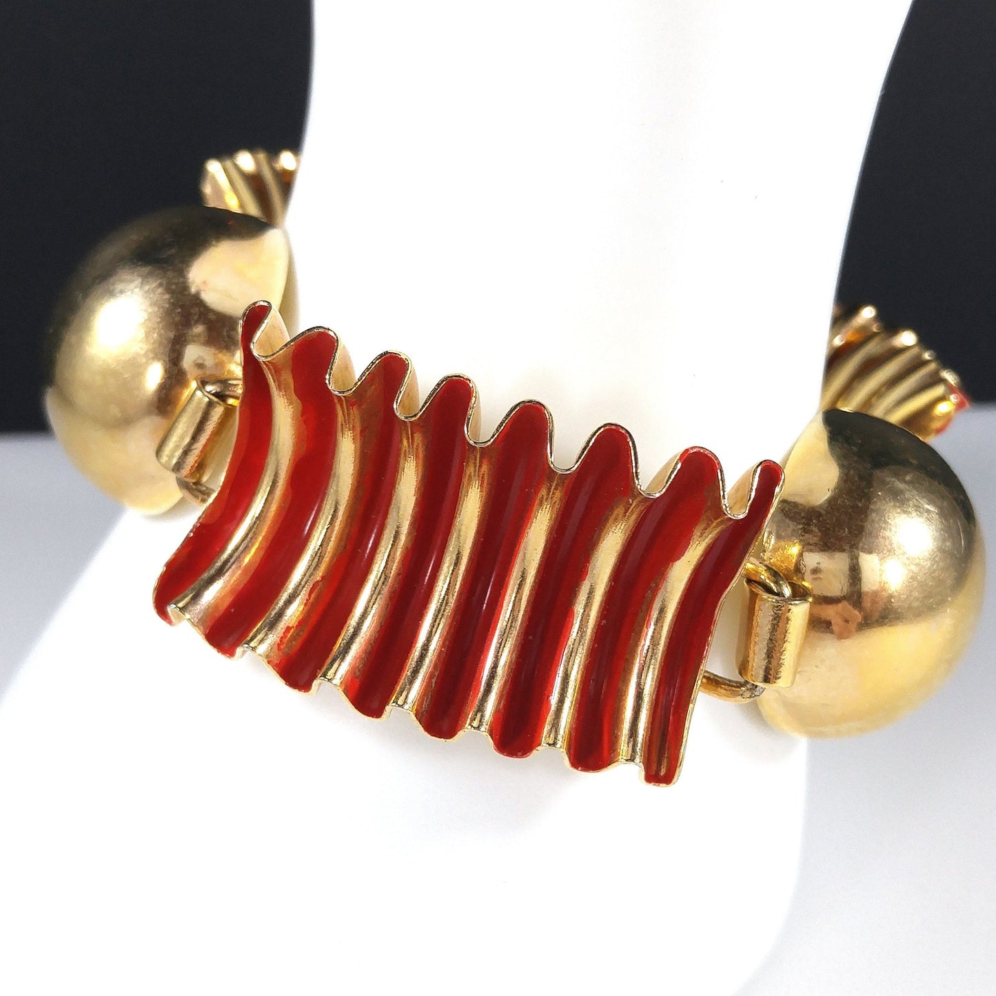 Red Enamel Ribbon Bracelet, Mid Century Modern, Gold Plated, 1950s Vintage Jewelry