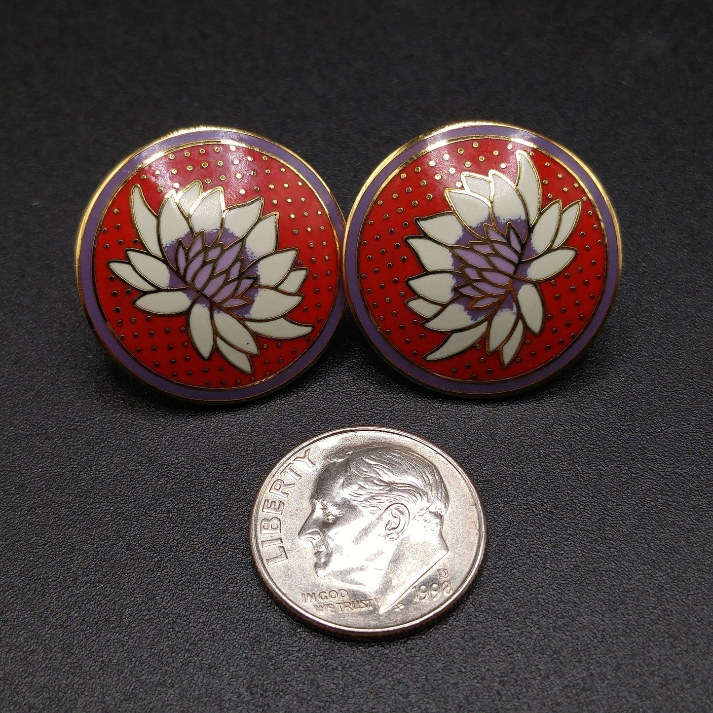 Vintage Laurel Burch "Tibetan Lily" Post Earrings, Red White Purple Enamel