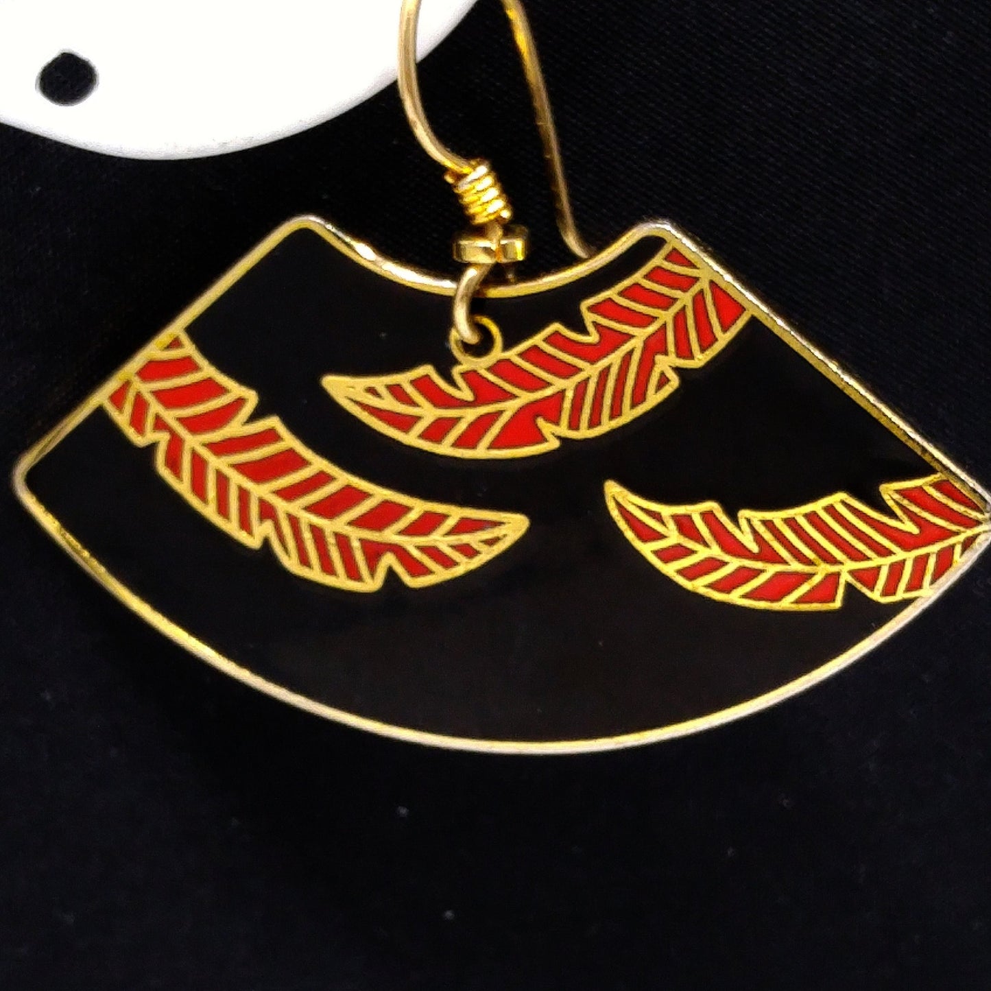 Laurel Burch Large Fan Earrings, Palm Leaves Design, Black Red Enamel, Gold Plated, 1980s