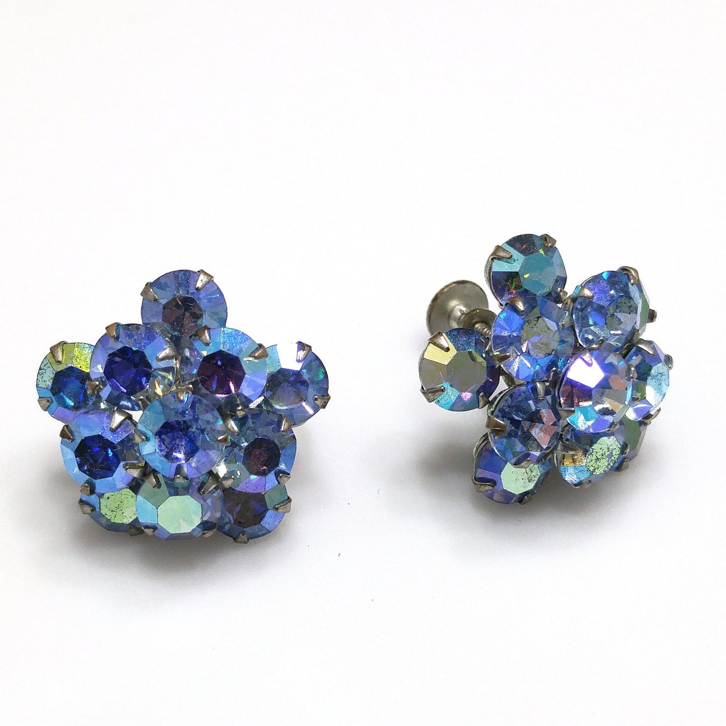 Weiss Blue Aurora Borealis Earrings, Screw Back Gold Plated, 1950s Vintage