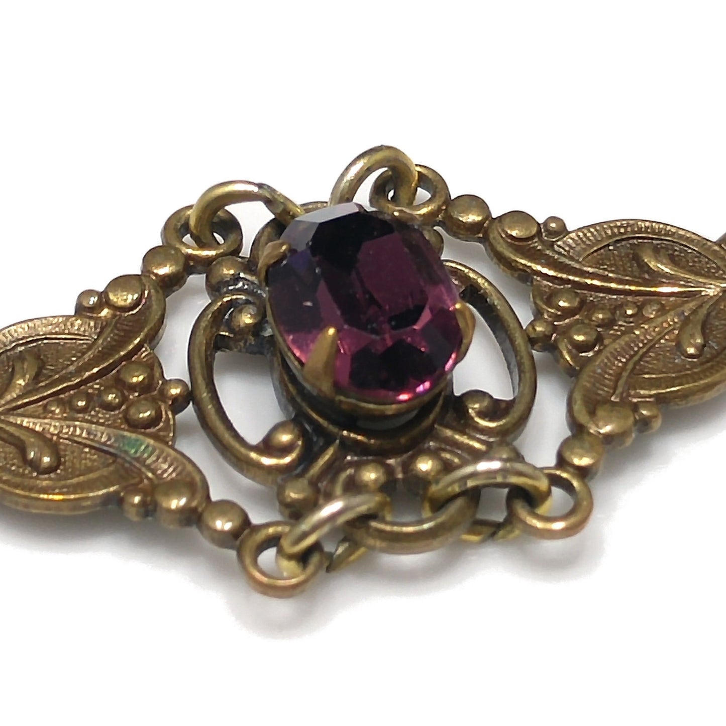 Sadie Green Art Nouveau Purple Bracelet, Golden Brass & Faux Amethyst, 6 3/4" Length, 1980s Vintage Jewelry