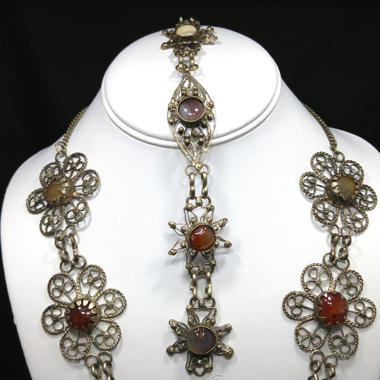 Multicolored Gemstones Twisted Wire Necklace & Bracelet, German or Nickel Silver, 1970s Vintage Jewelry