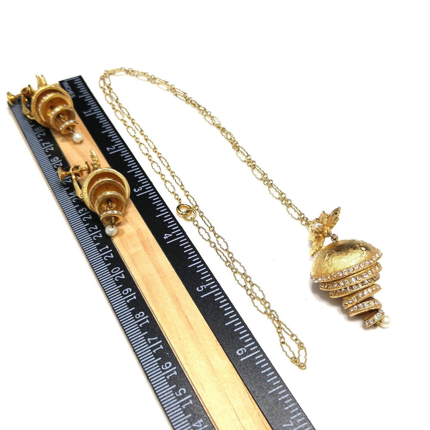 Vendome Articulated Floral Pendant Necklace & Earrings, Pave Rhinestones, Faux Pearls, 1960s Vintage Jewelry