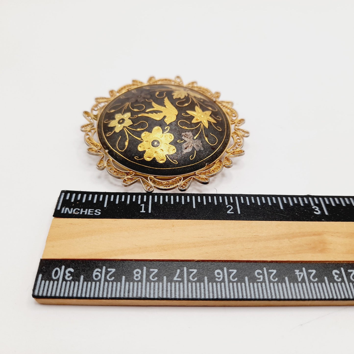Vintage Spanish Damascene Filigree Bird Flower Gold Inlay Brooch – 2 1/4”