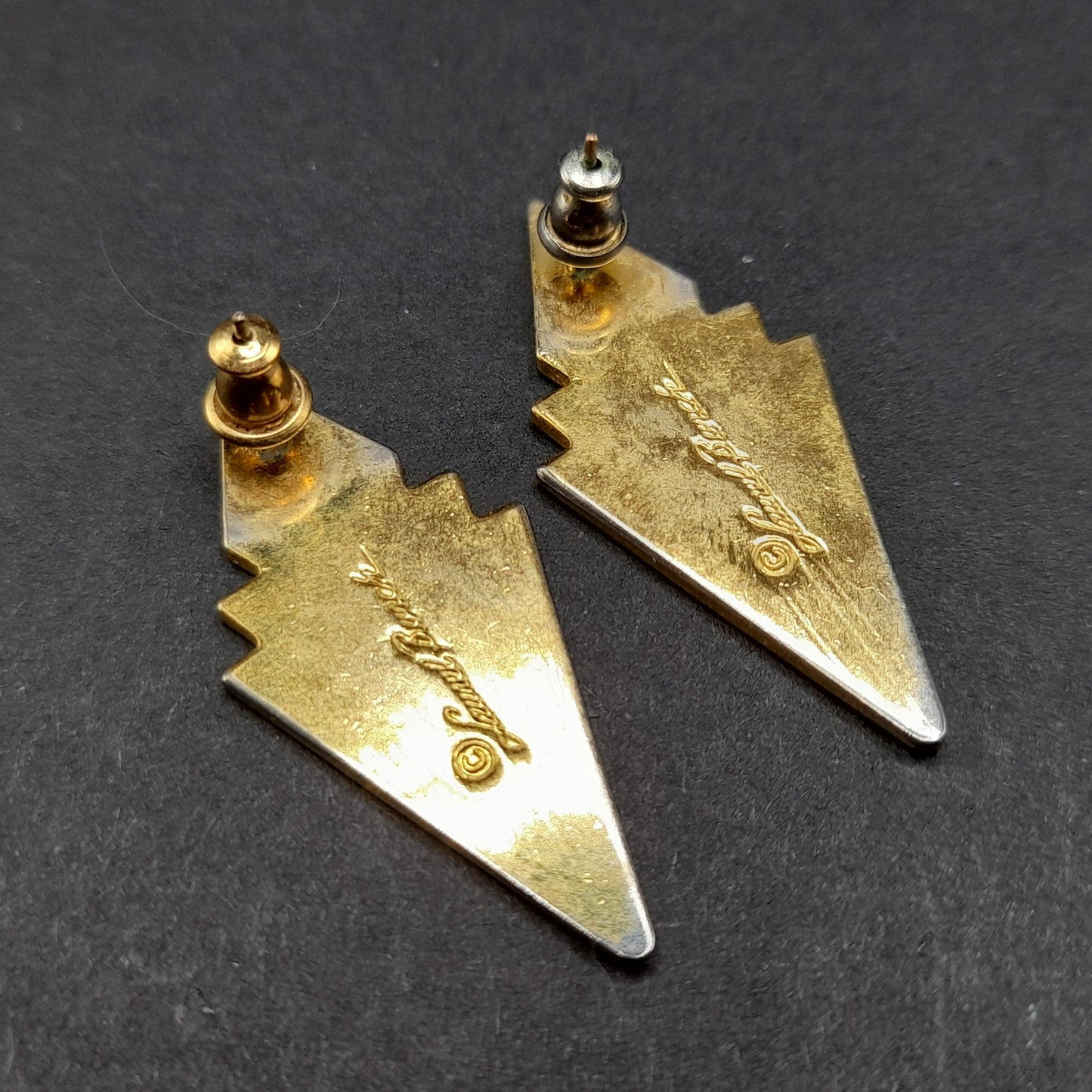 Vintage Laurel Burch Gray Gold Post Earrings, Geometric Gold Plated