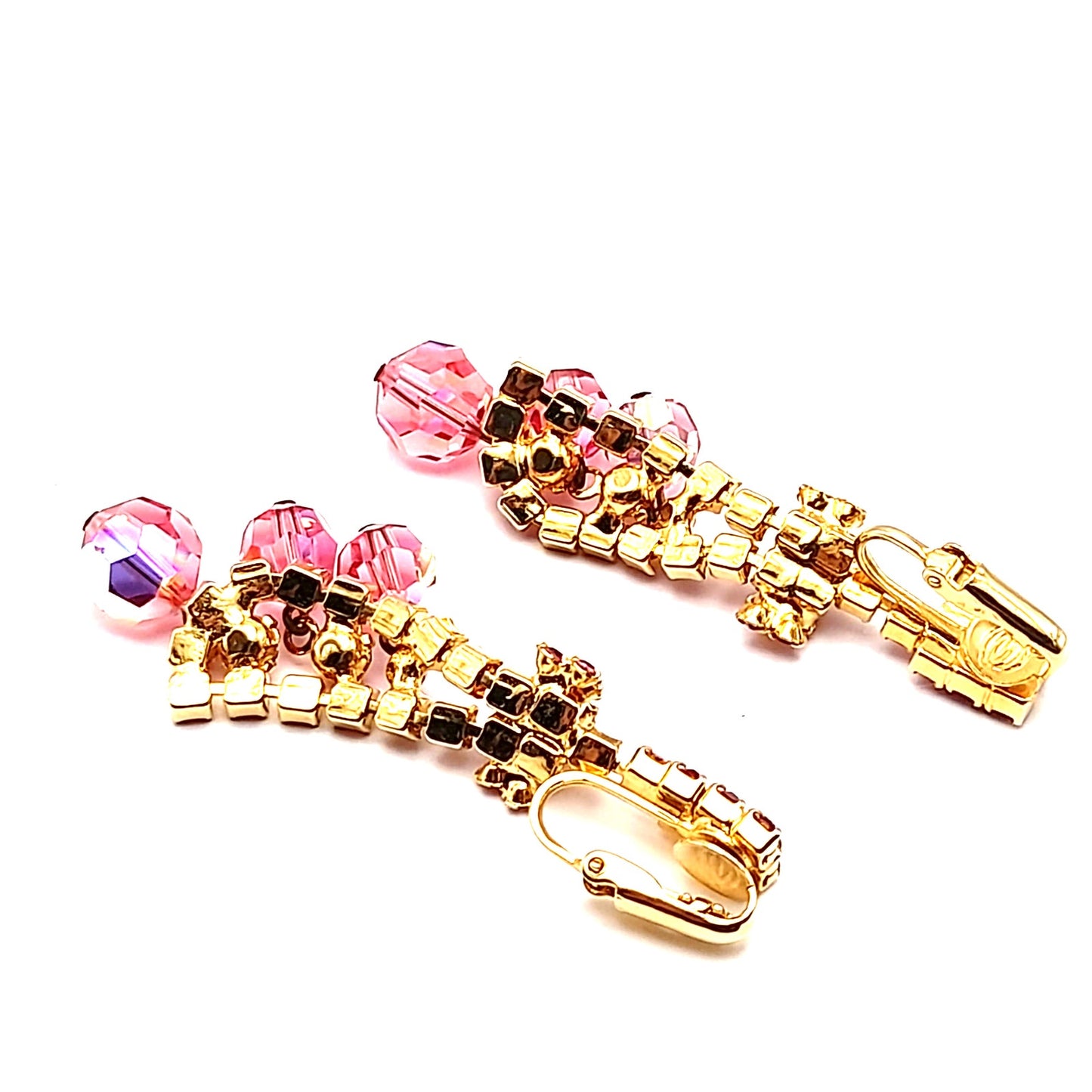 Vintage Pink Rhinestone Crystal Drop Clip On Earrings