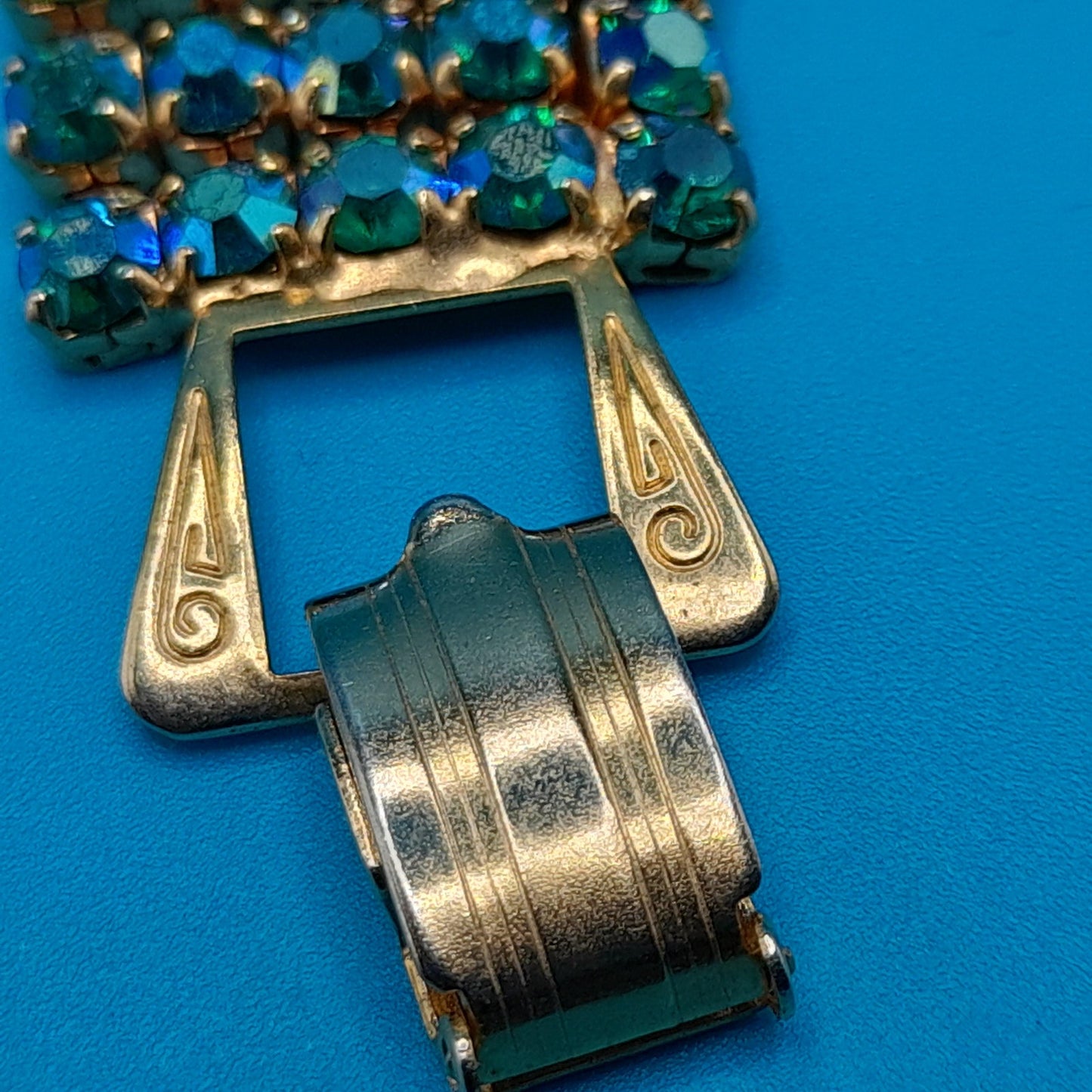 Green Blue Aurora Borealis Rhinestone Bracelet, Gold Plated, 1960s Vintage Jewelry