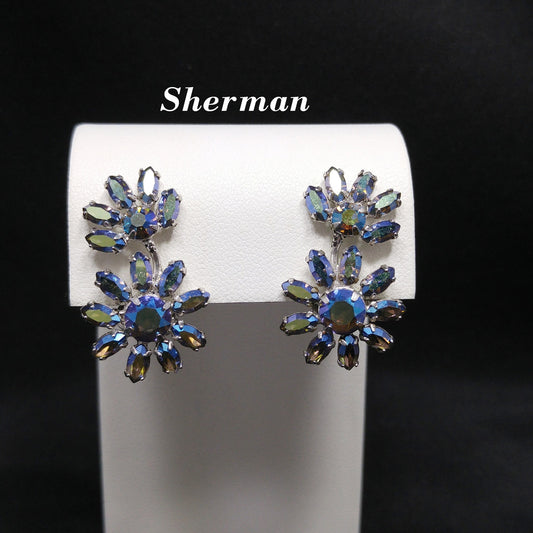 Sherman Blue Rhinestone Floral Earrings, Aurora Borealis, 1960s Vintage Jewelry