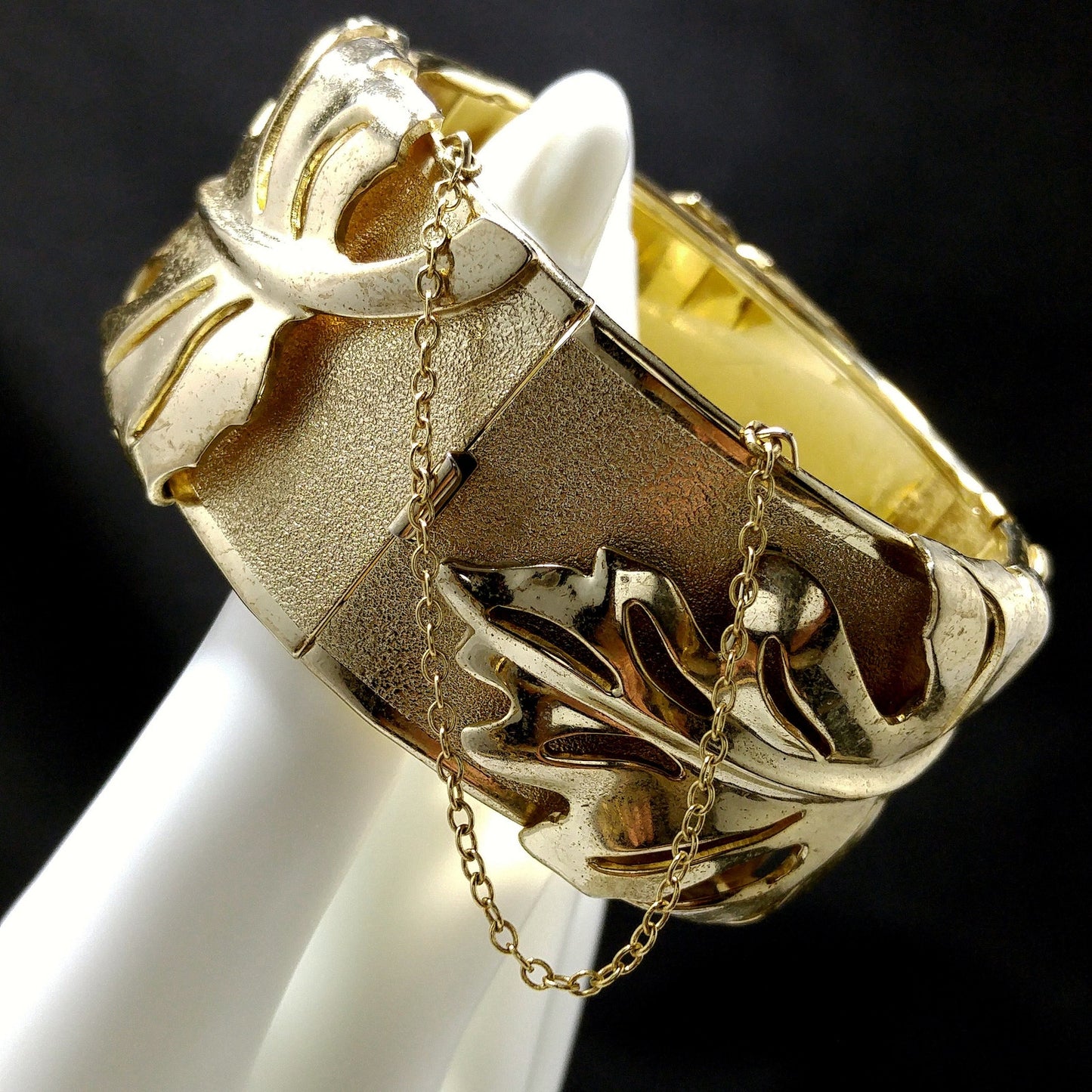 Whiting & Davis Gold Plated Leaf Bracelet, Hinged Wide Clamper, 1950s Vintage Jewelry