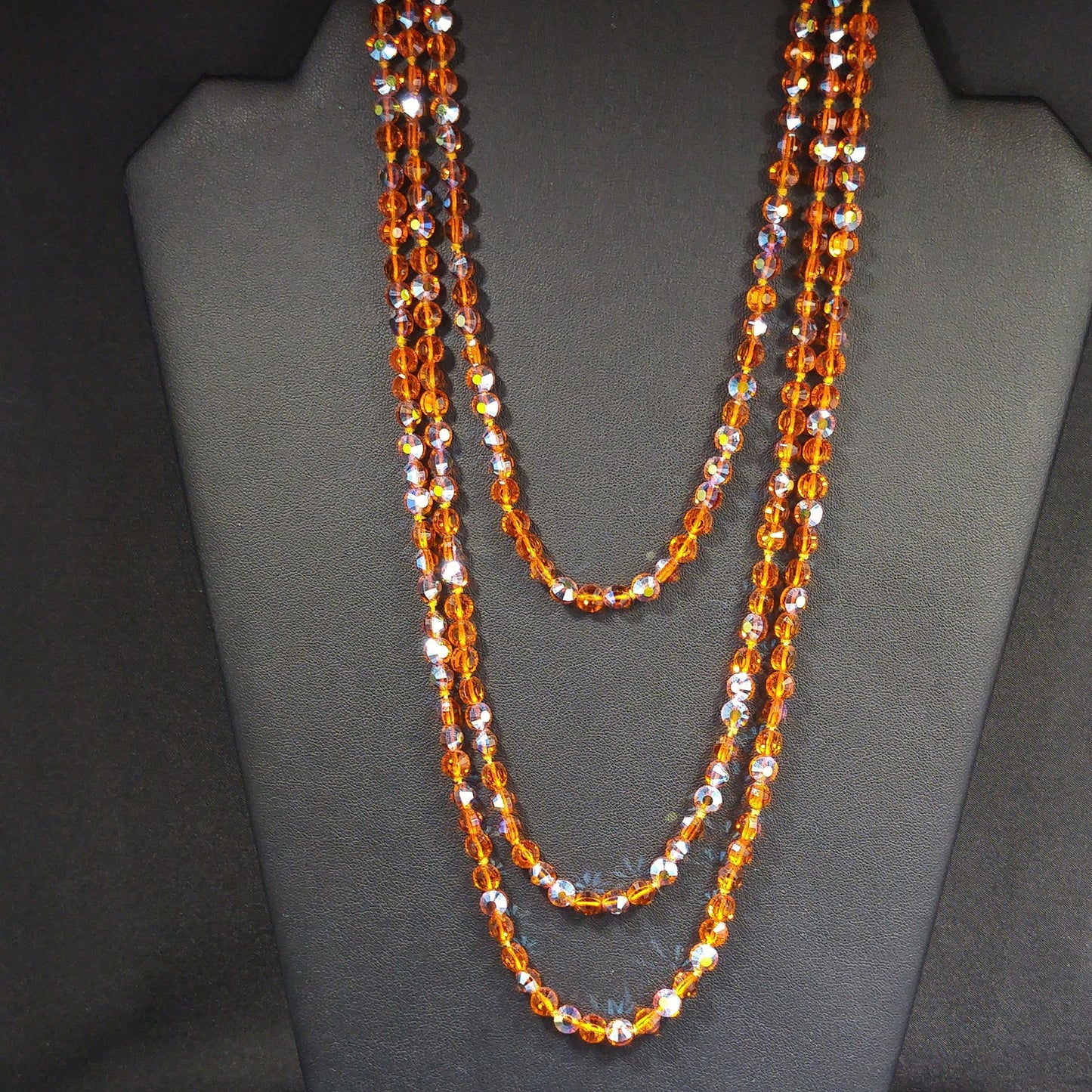 Topaz Austrian Crystal Beaded Necklace, 60 Inches, Aurora Borealis, 1960s Vintage Jewelry