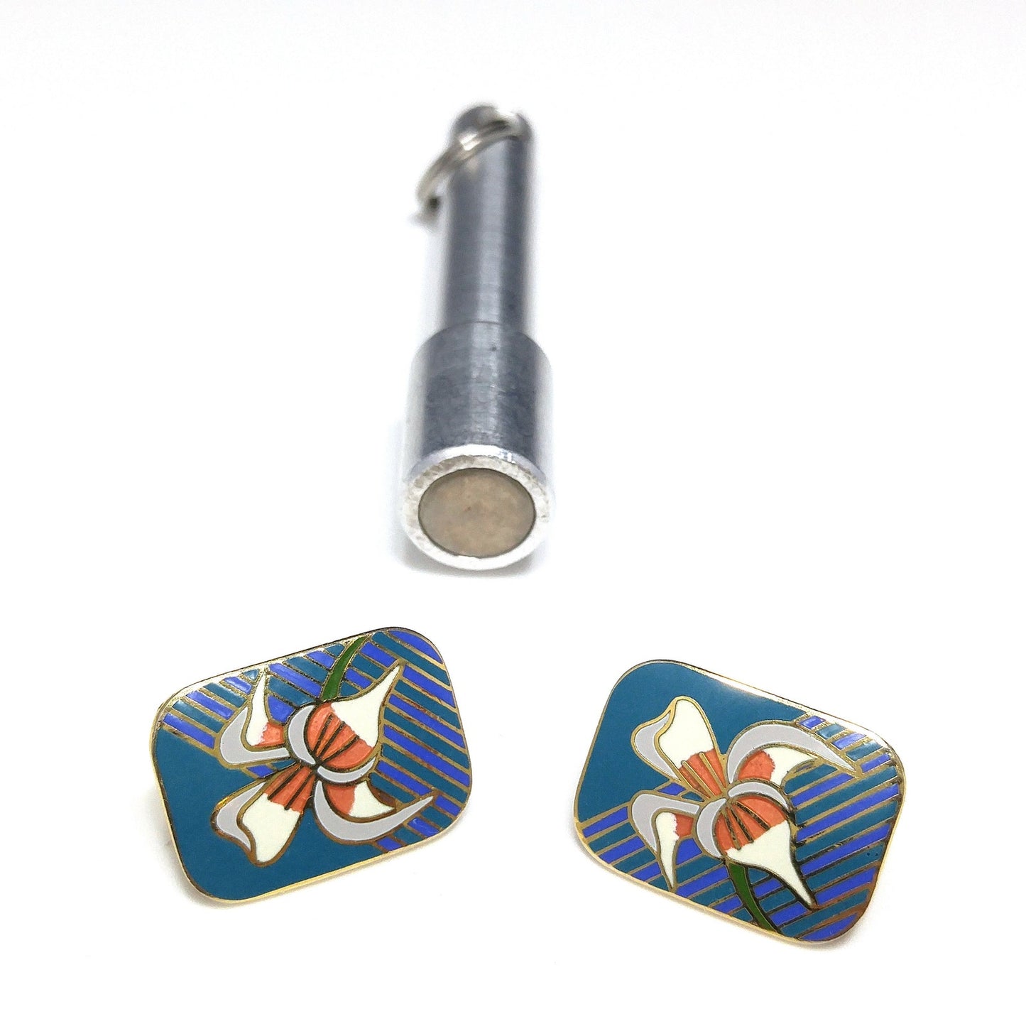 Vintage Laurel Burch "Iris" Clip On Earrings, Gold Plated Cloisonné Enamel, 1980