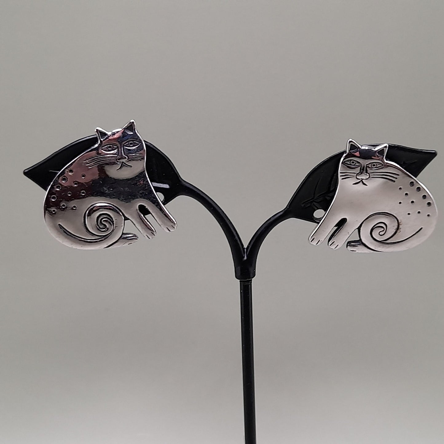 Vintage Laurel Burch Keshire Cat Clip Earrings, Rhodium Plated